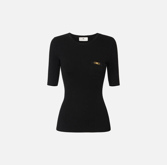 Ribbed knit top with breast pocket