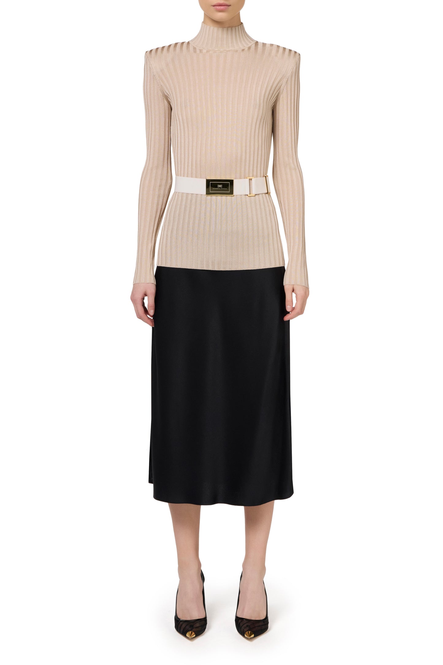 Turtleneck top in ribbed shiny viscose fabric with belt