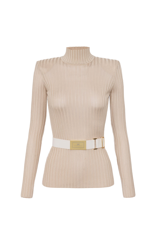 Turtleneck top in ribbed shiny viscose fabric with belt