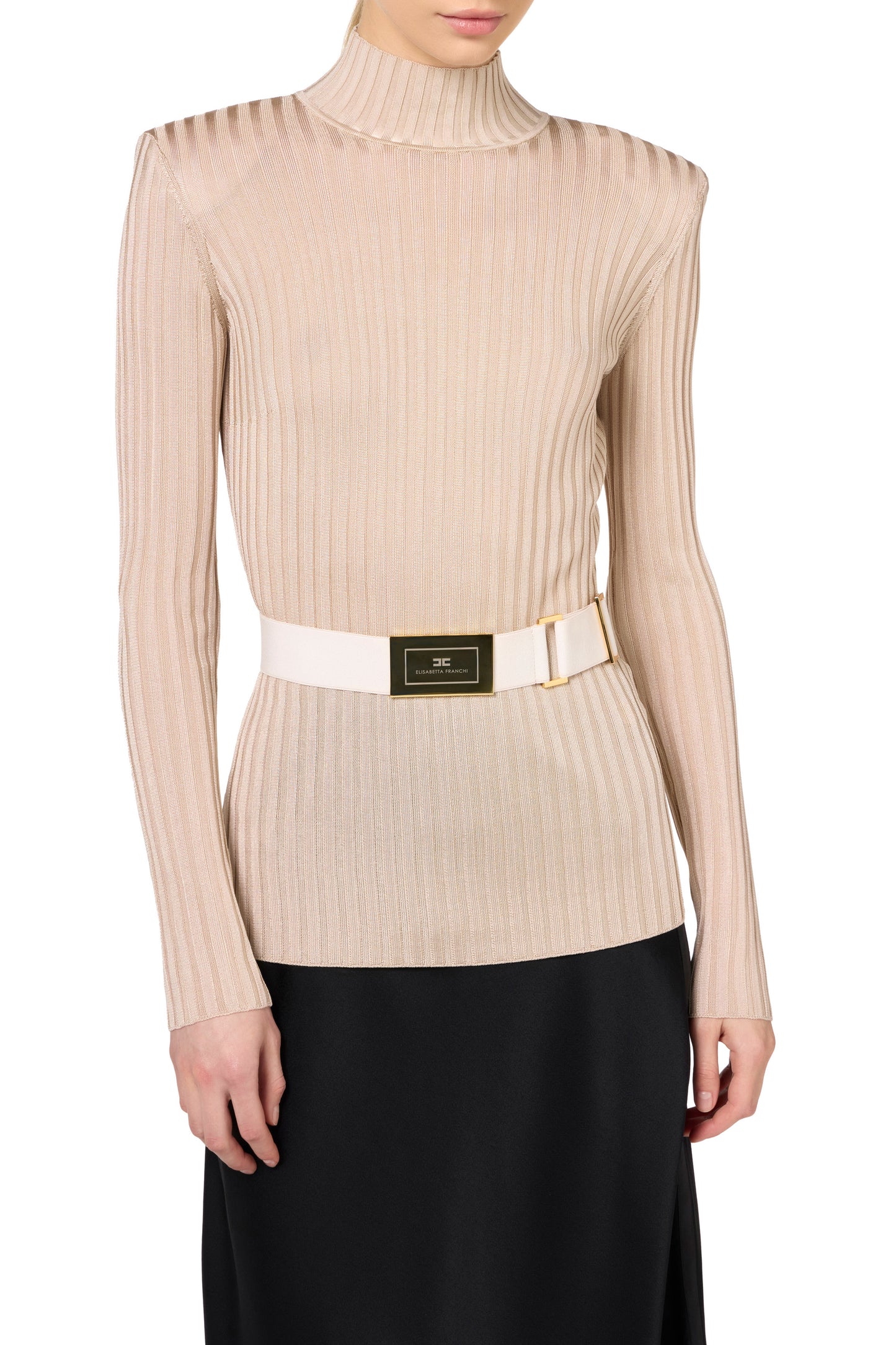 Turtleneck top in ribbed shiny viscose fabric with belt