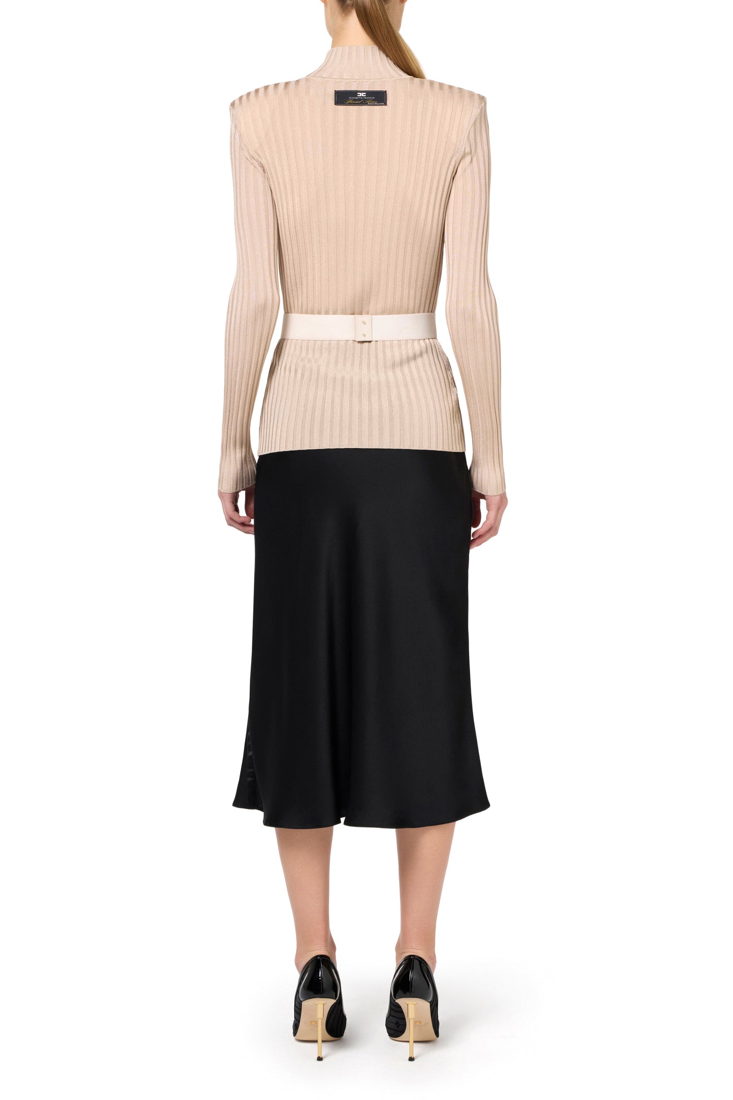 Turtleneck top in ribbed shiny viscose fabric with belt