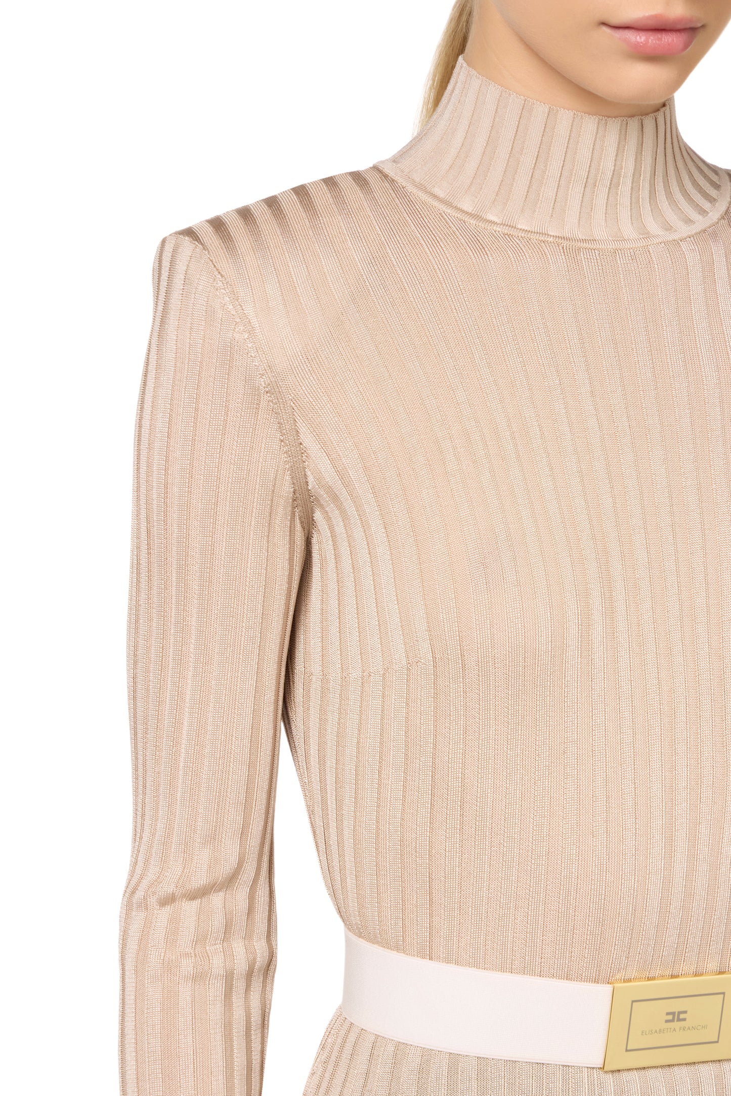 Turtleneck top in ribbed shiny viscose fabric with belt