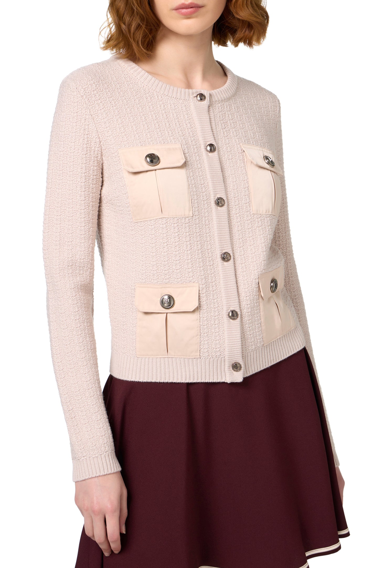 Bouclé wool cardigan with pockets in technical voile fabric