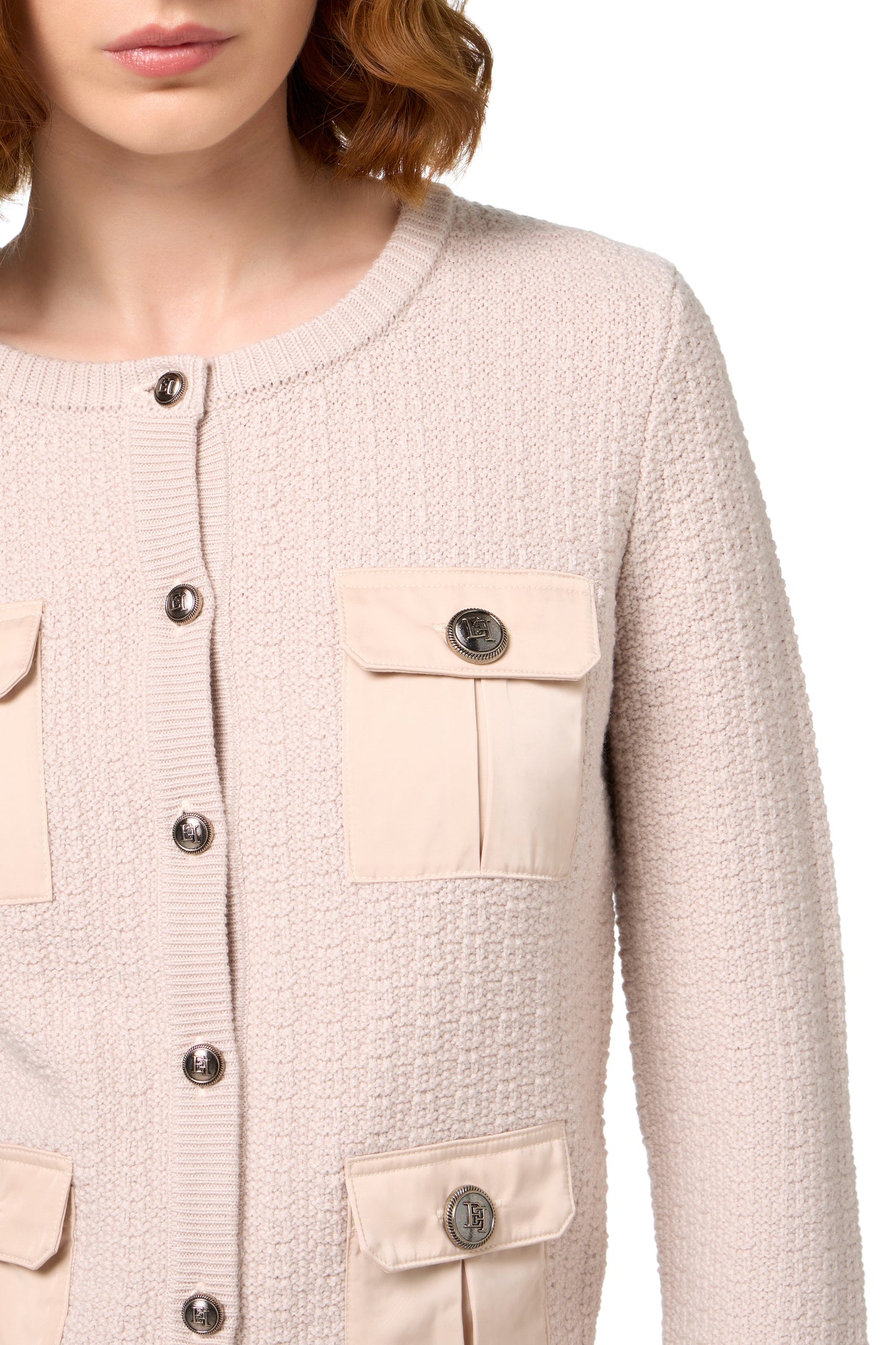 Bouclé wool cardigan with pockets in technical voile fabric