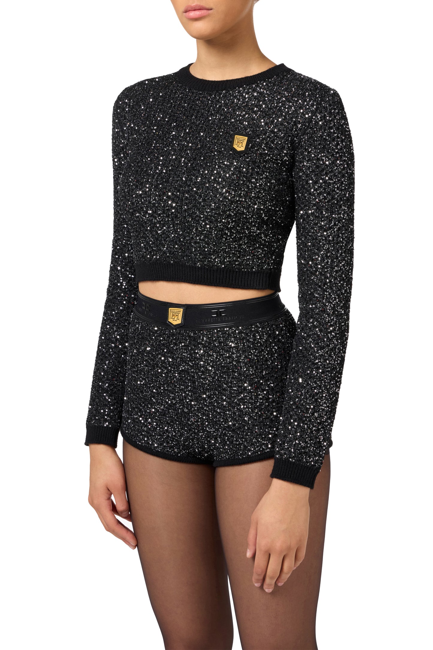 Wool cropped top with sequin thread