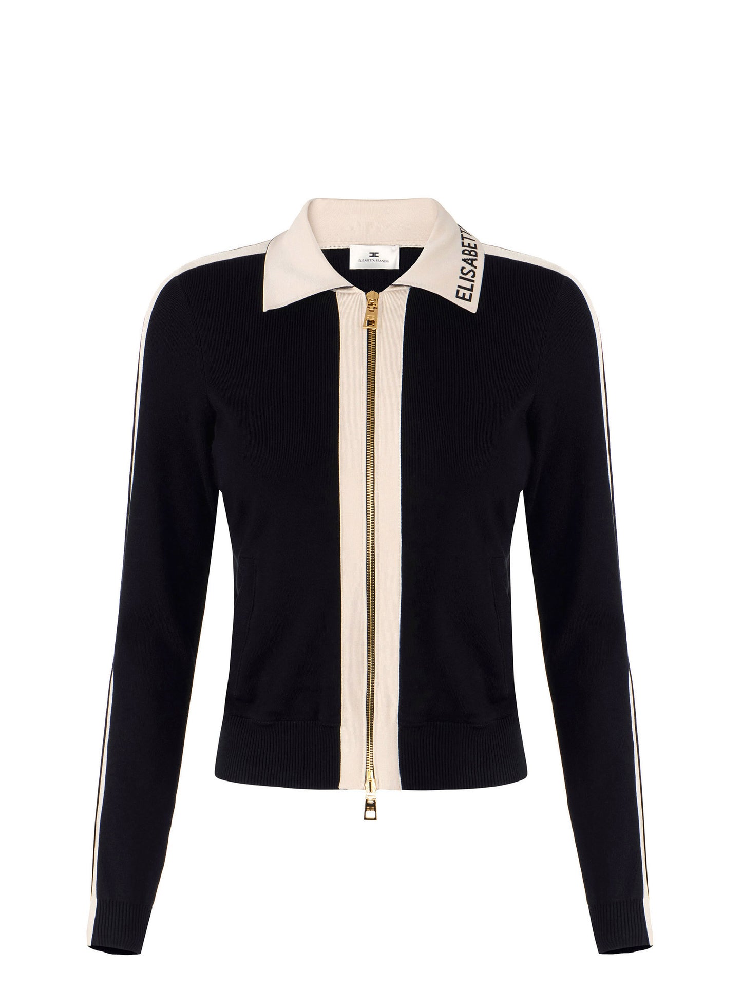 Knit fabric jacket with shiny viscose bands