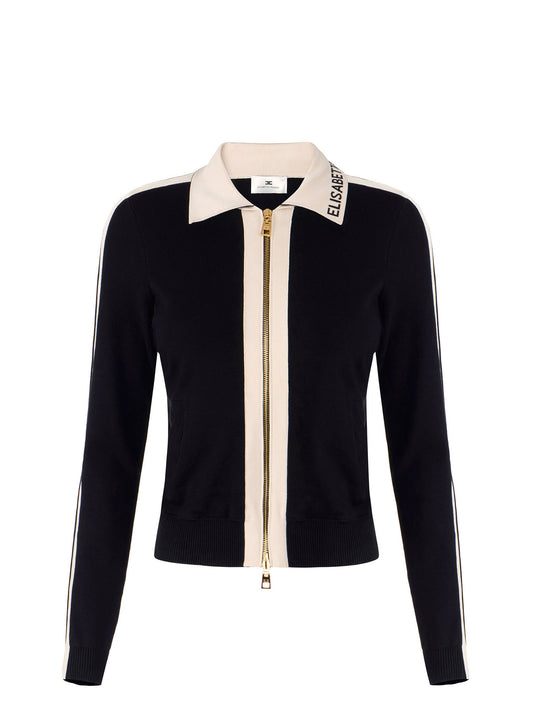 Knit fabric jacket with shiny viscose bands