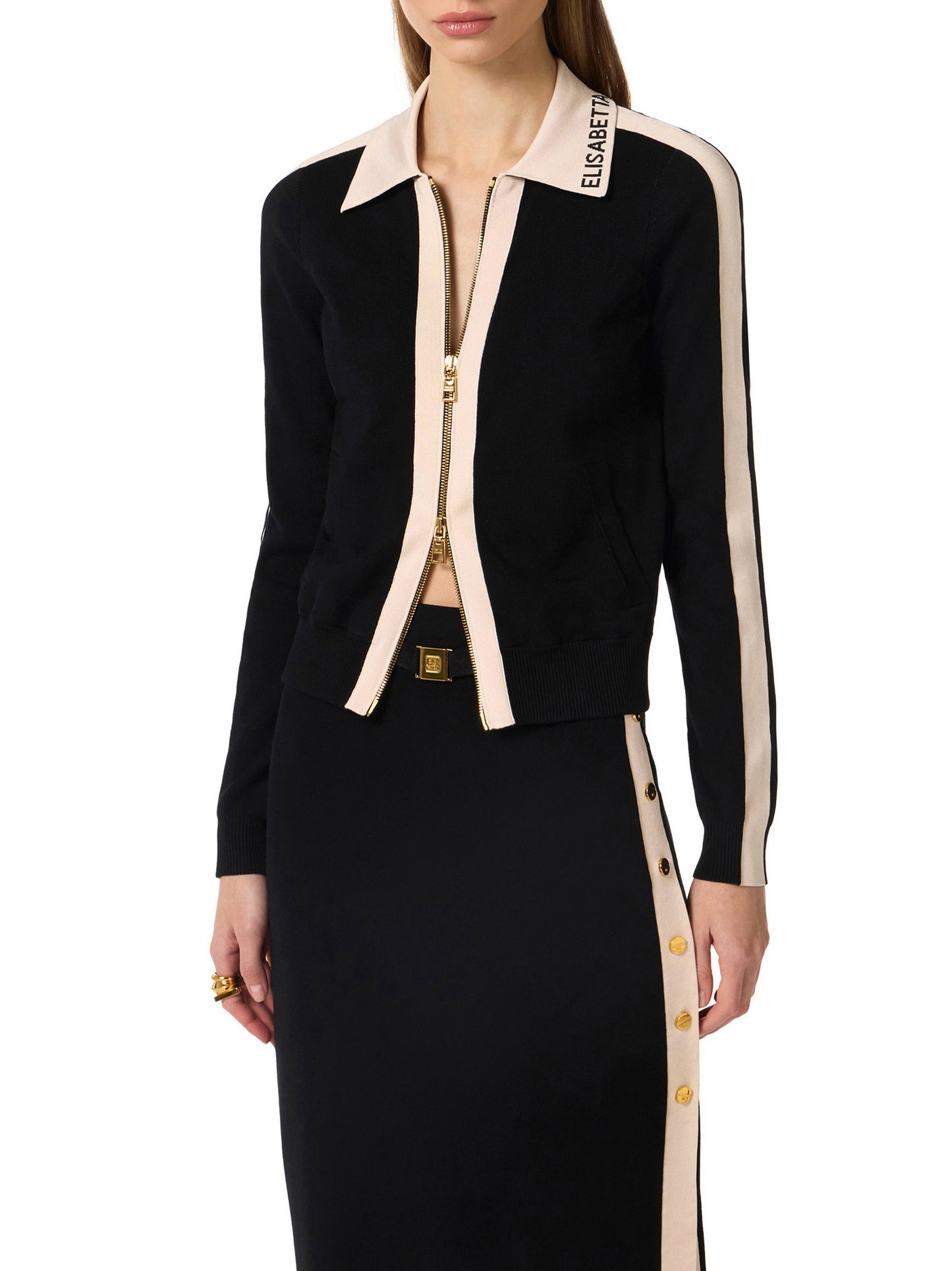 Knit fabric jacket with shiny viscose bands