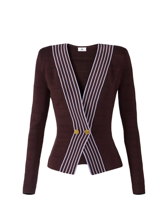 Knit fabric top with striped bands