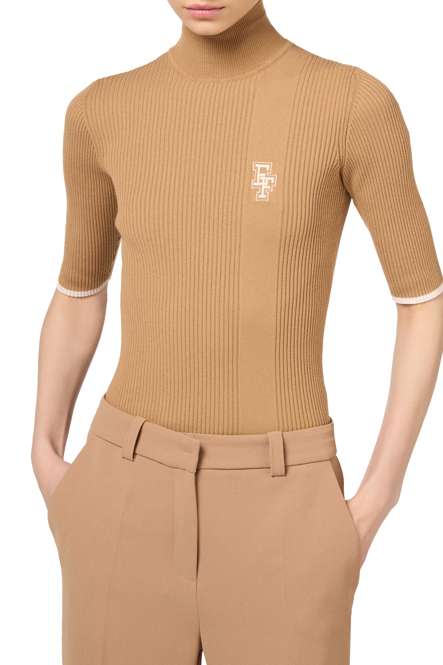 Turtleneck top in viscose fabric with college-style logo