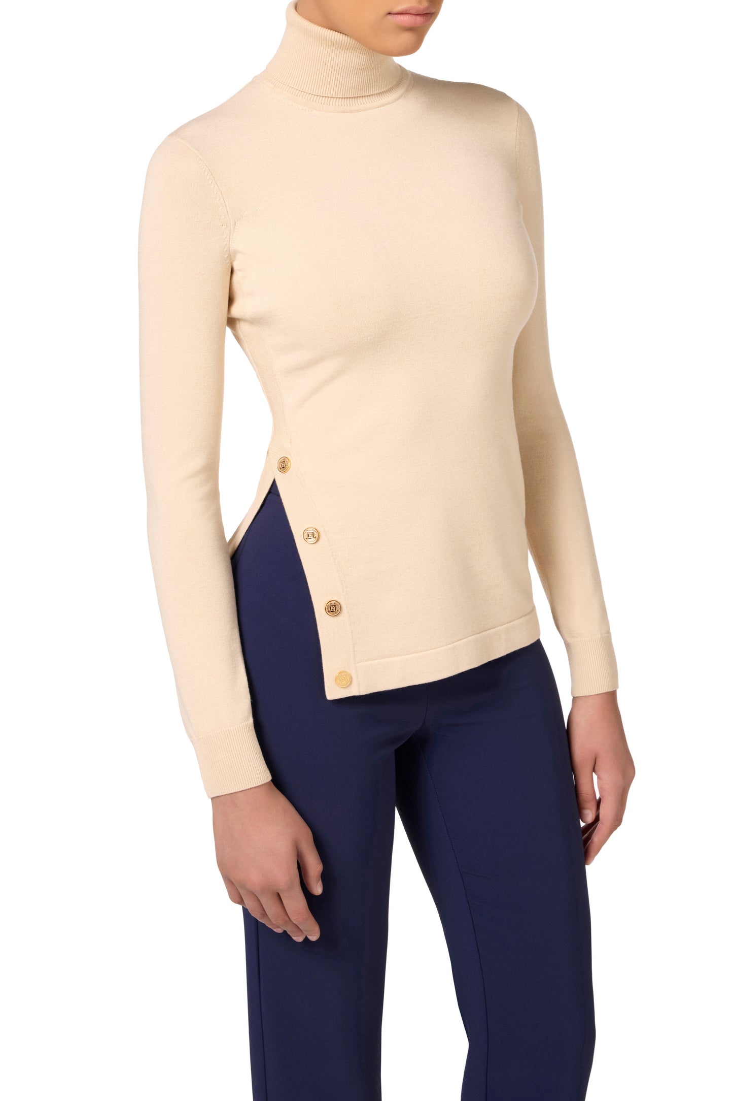 Turtleneck in viscose fabric with buttons on the side