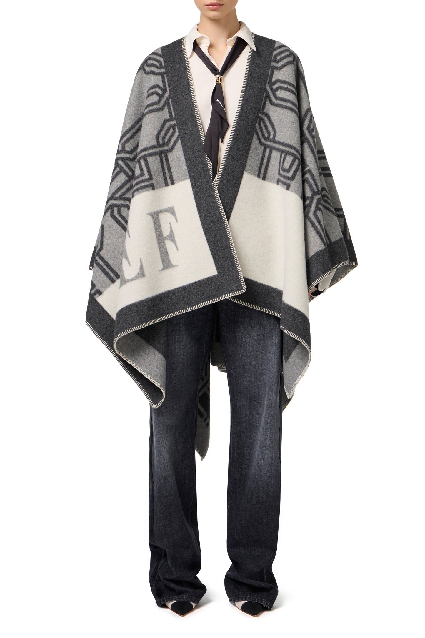 Wool jacquard cape with lettering