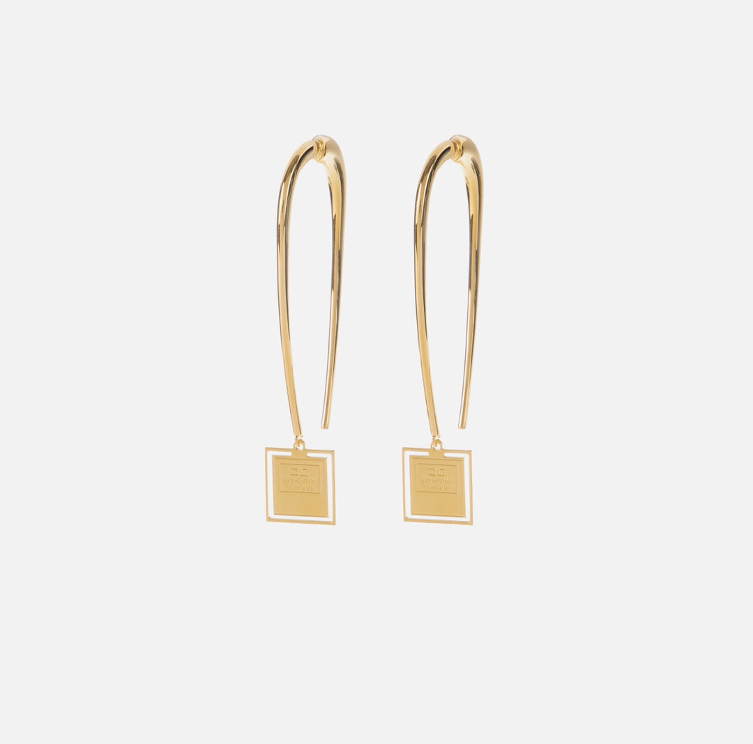 Metal earrings with square logo plaque