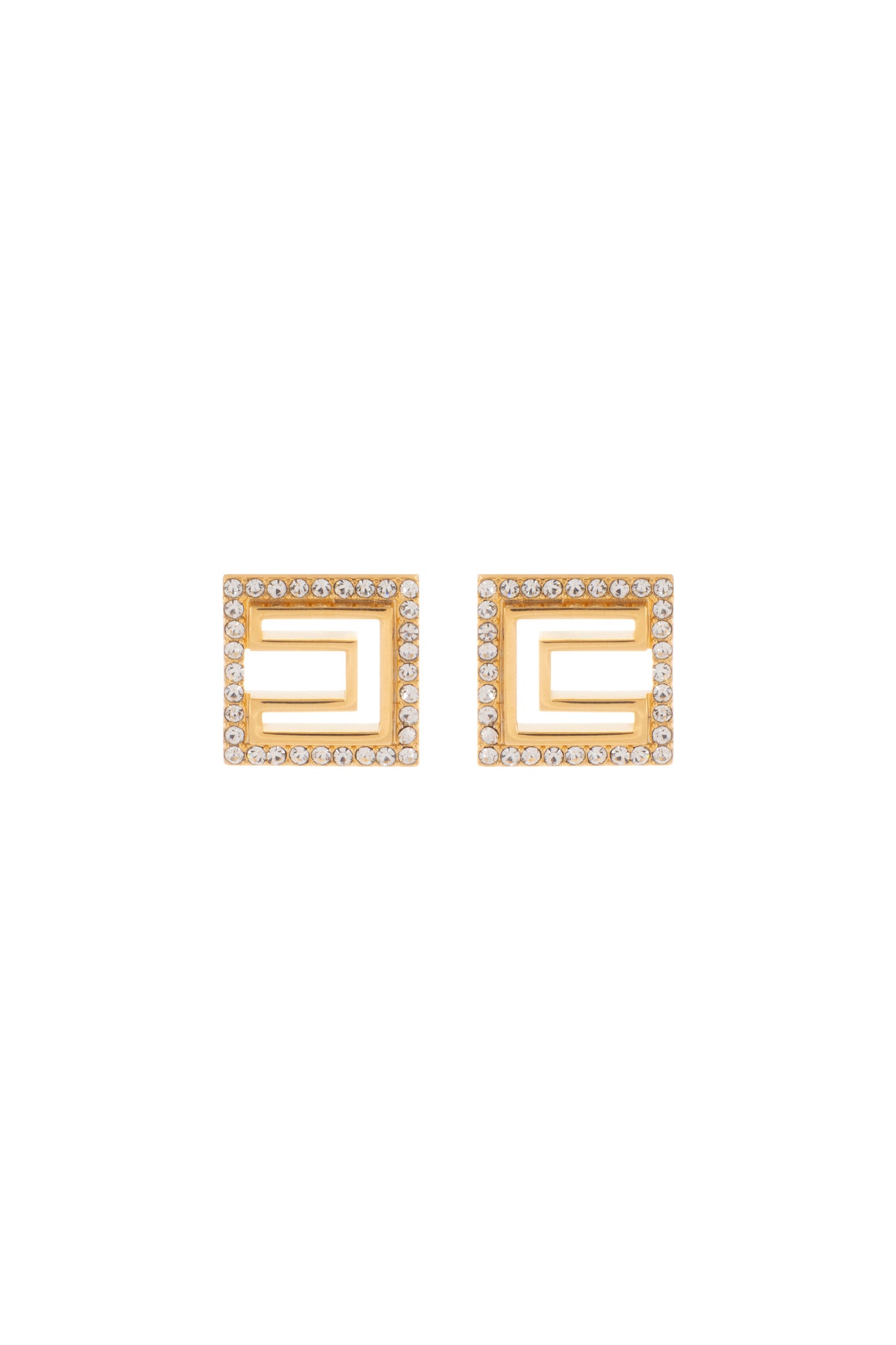 Brass micro square earrings with logo and rhinestones