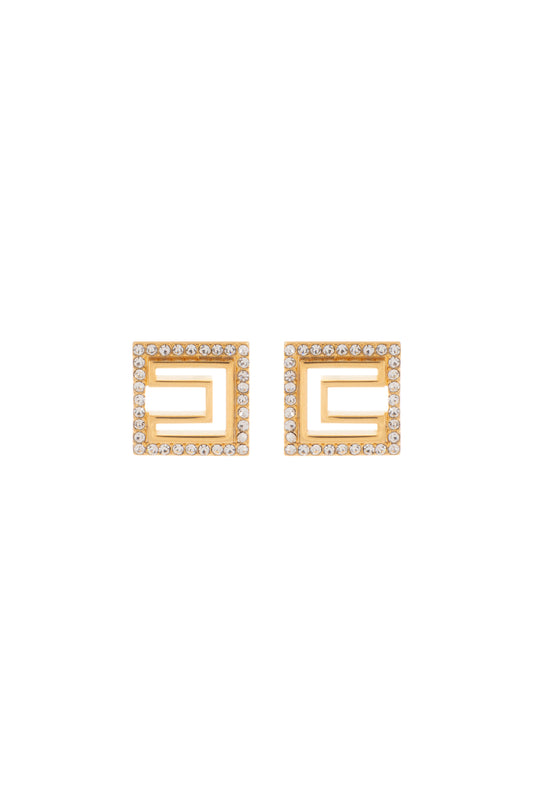 Brass micro square earrings with logo and rhinestones