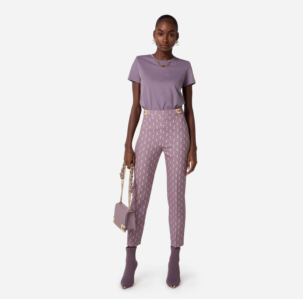 Straight fit trousers in crêpe fabric with logo print | LAST PIECE: 44