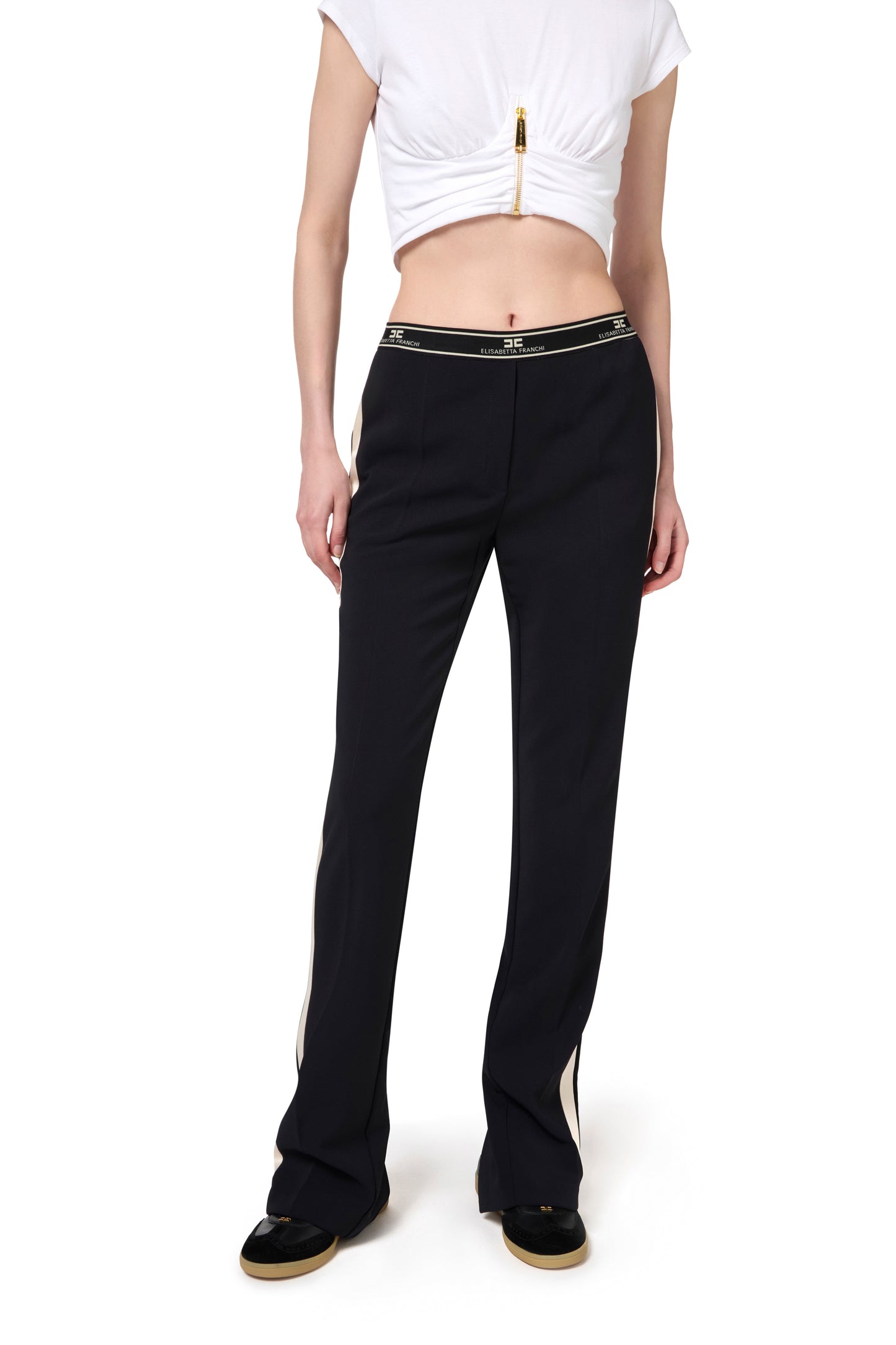 Straight trousers in crêpe fabric with side band