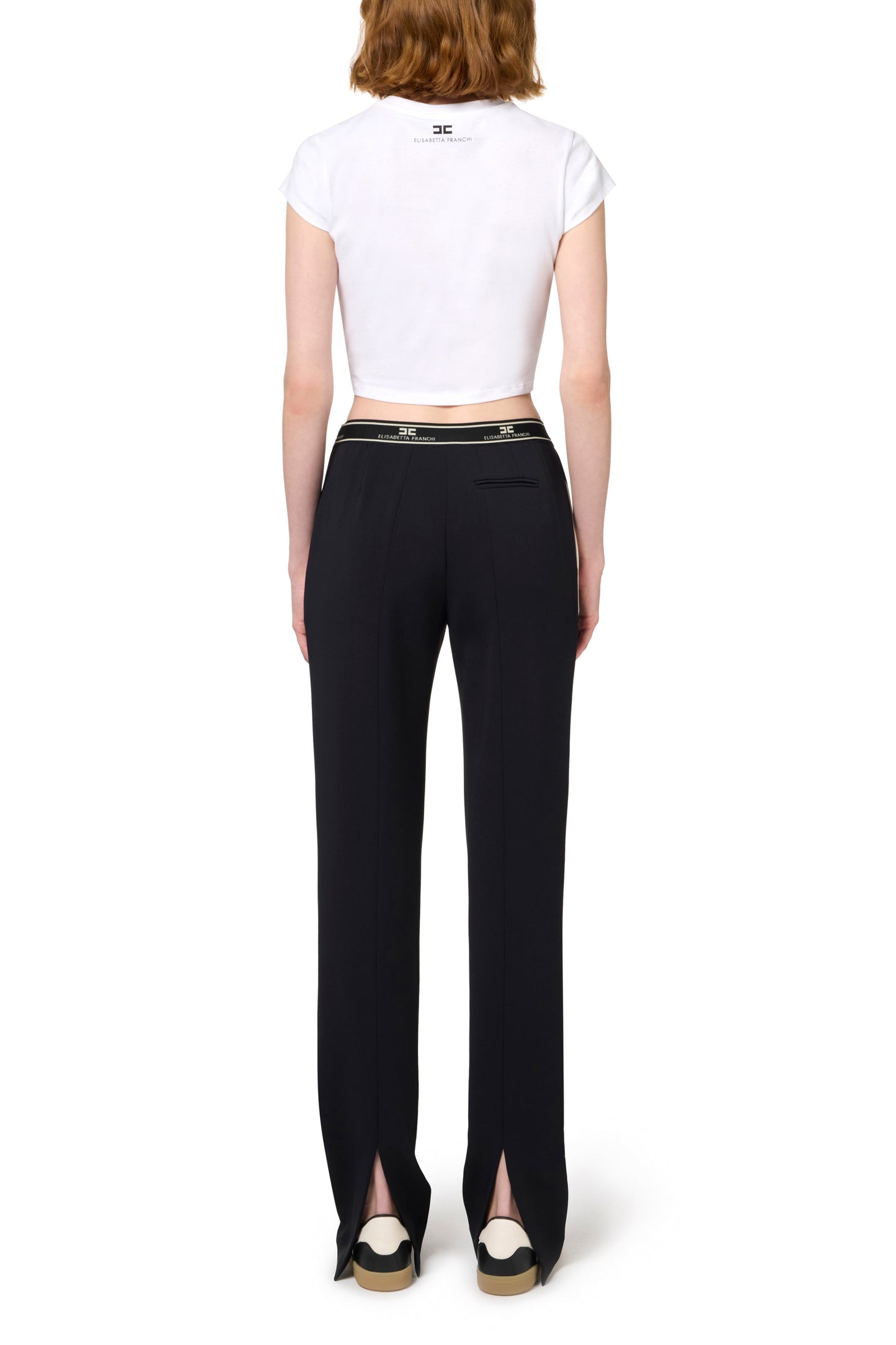 Straight trousers in crêpe fabric with side band