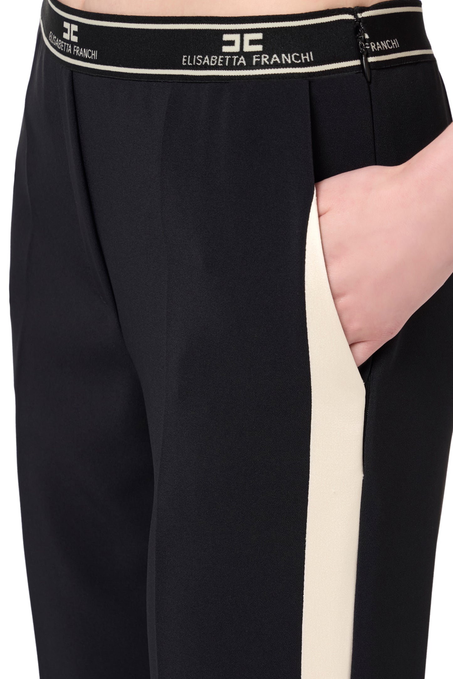 Straight trousers in crêpe fabric with side band