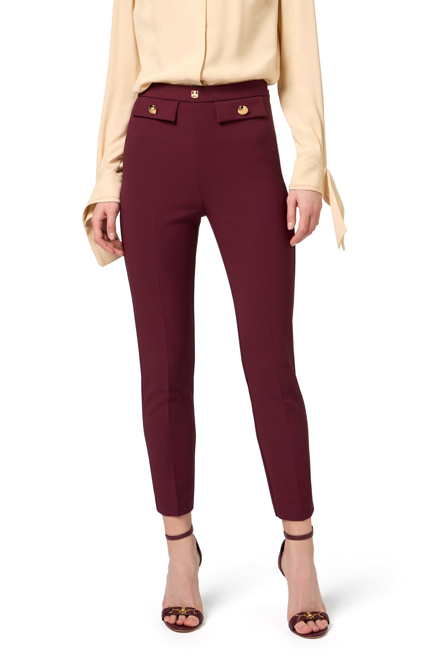 Straight trousers in stretch crêpe fabric with logo rivet