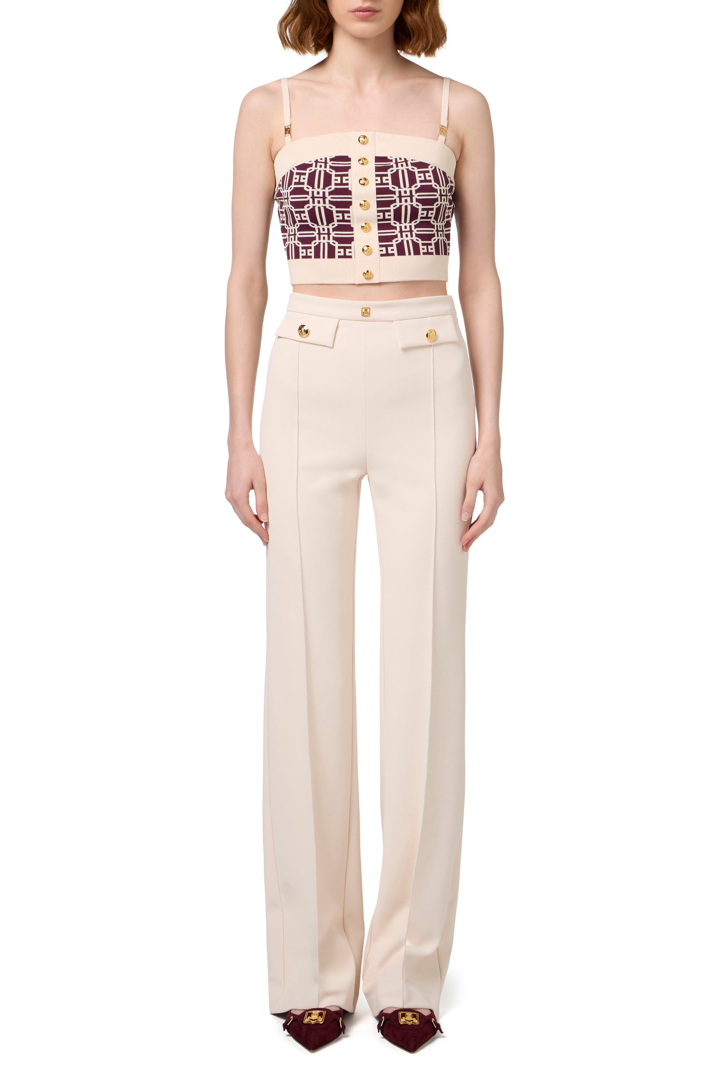 Palazzo trousers in stretch crêpe fabric with logo rivet