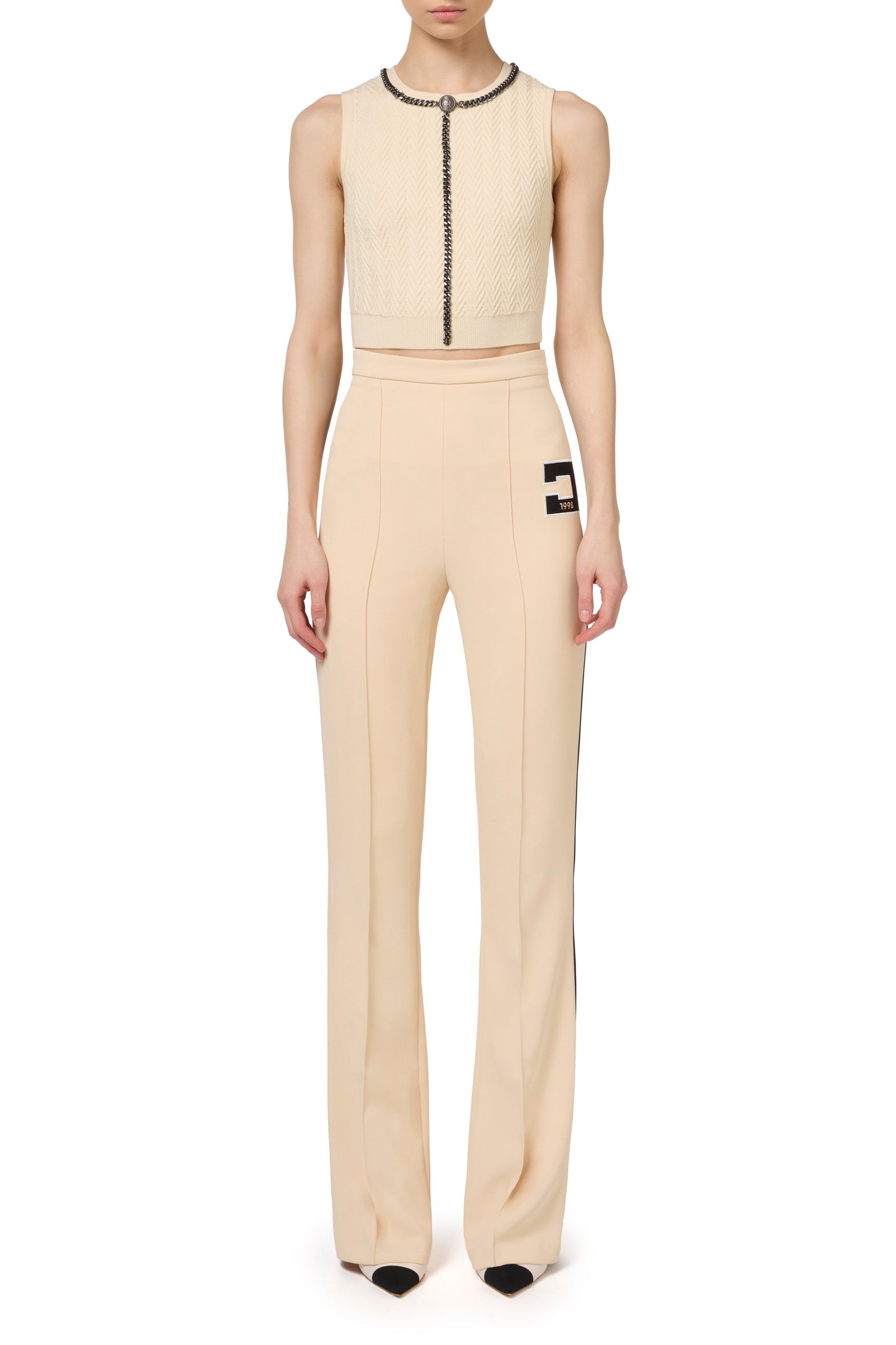 Stretch crêpe straight trousers with bands and logo embroidery