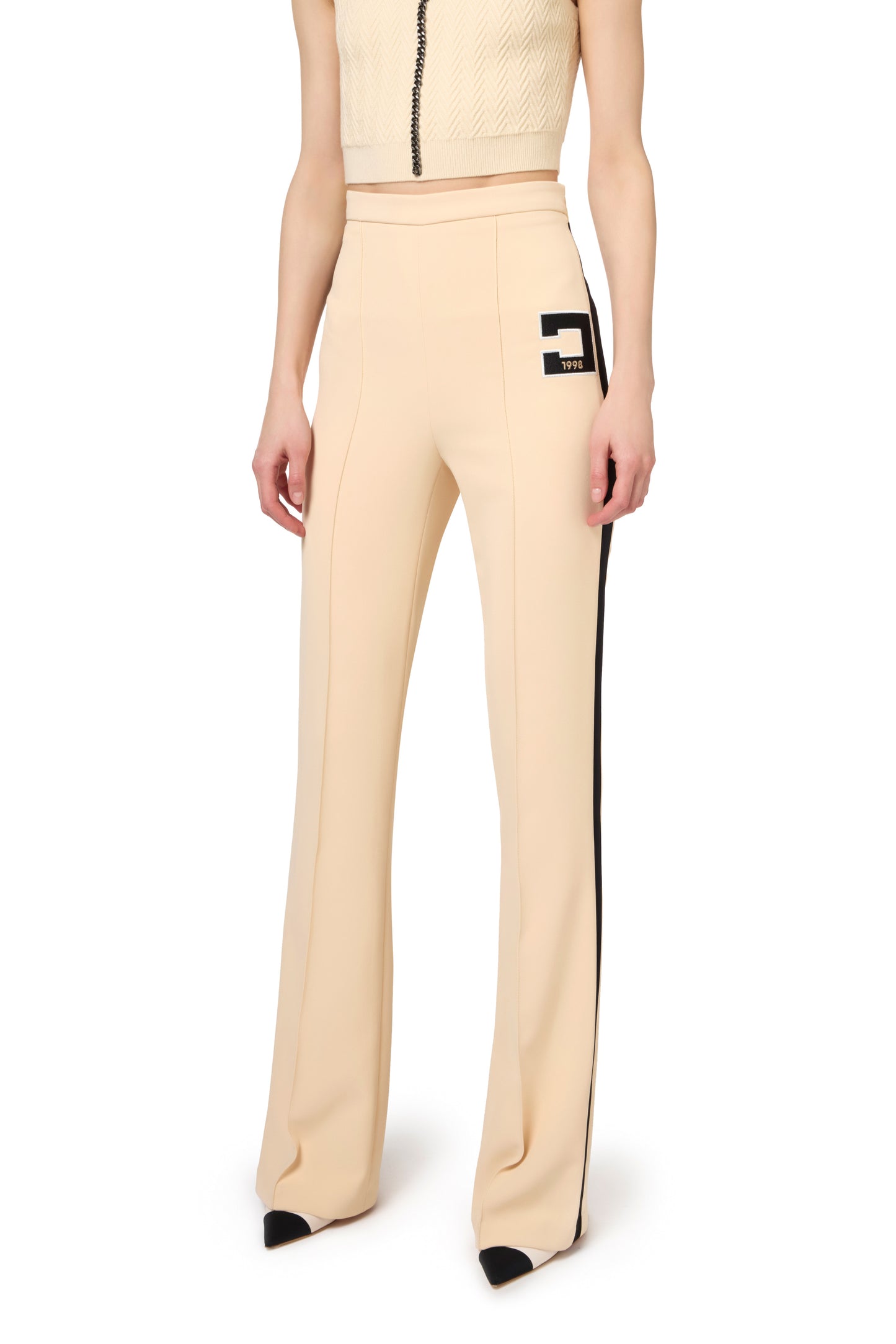 Stretch crêpe straight trousers with bands and logo embroidery