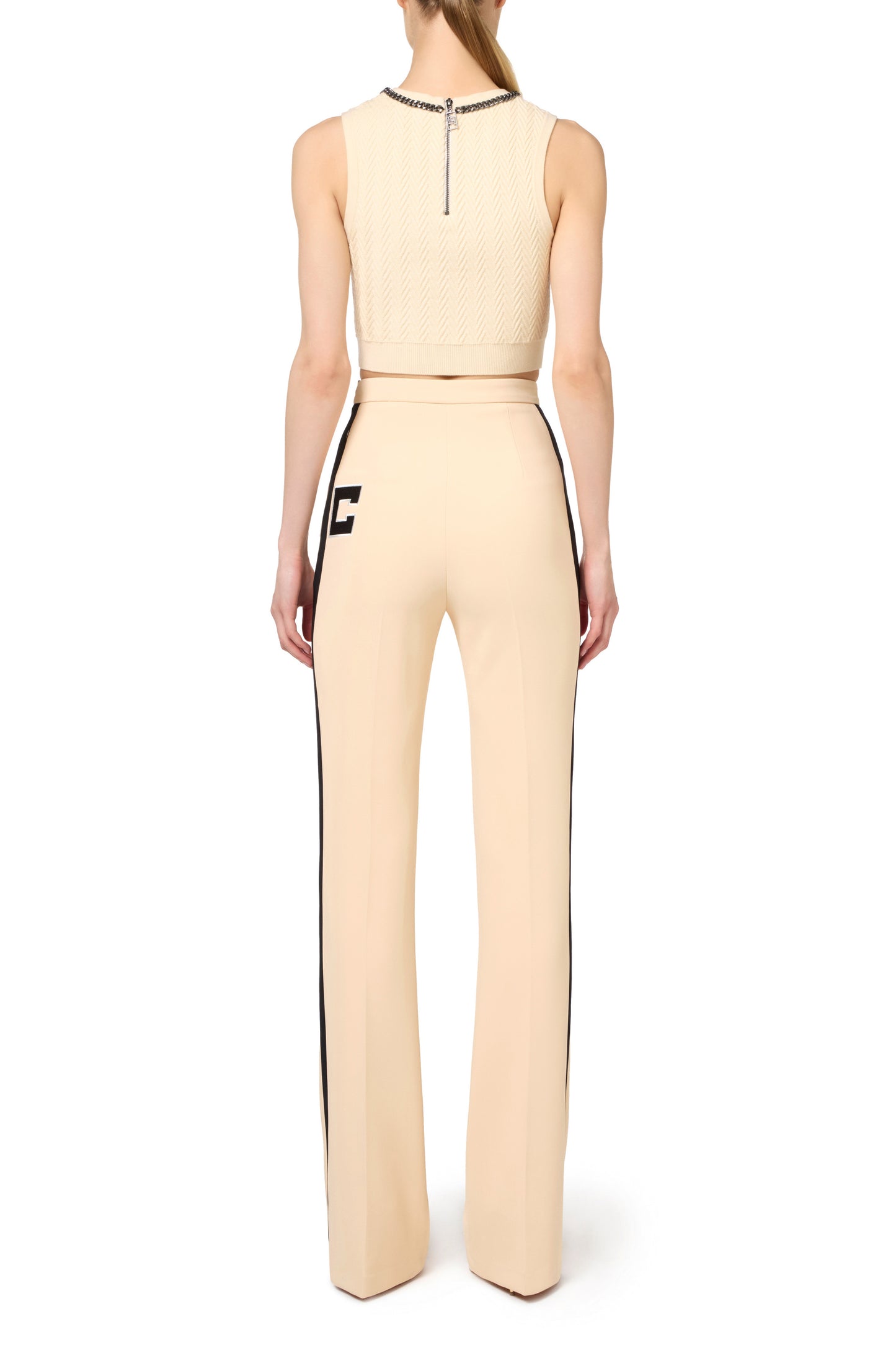 Stretch crêpe straight trousers with bands and logo embroidery