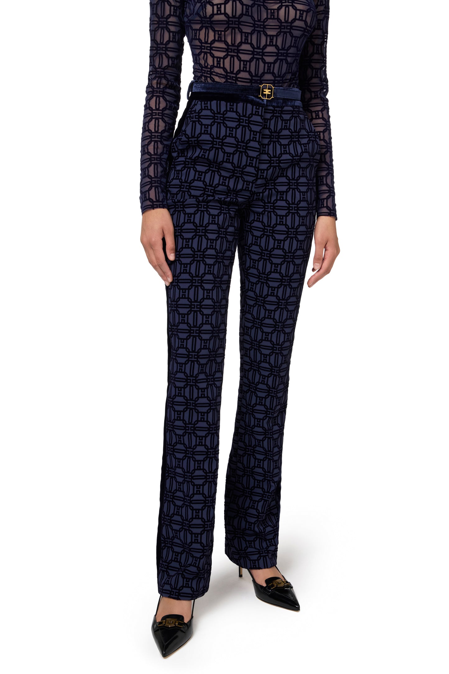 Straight trousers in flock crêpe fabric with belt