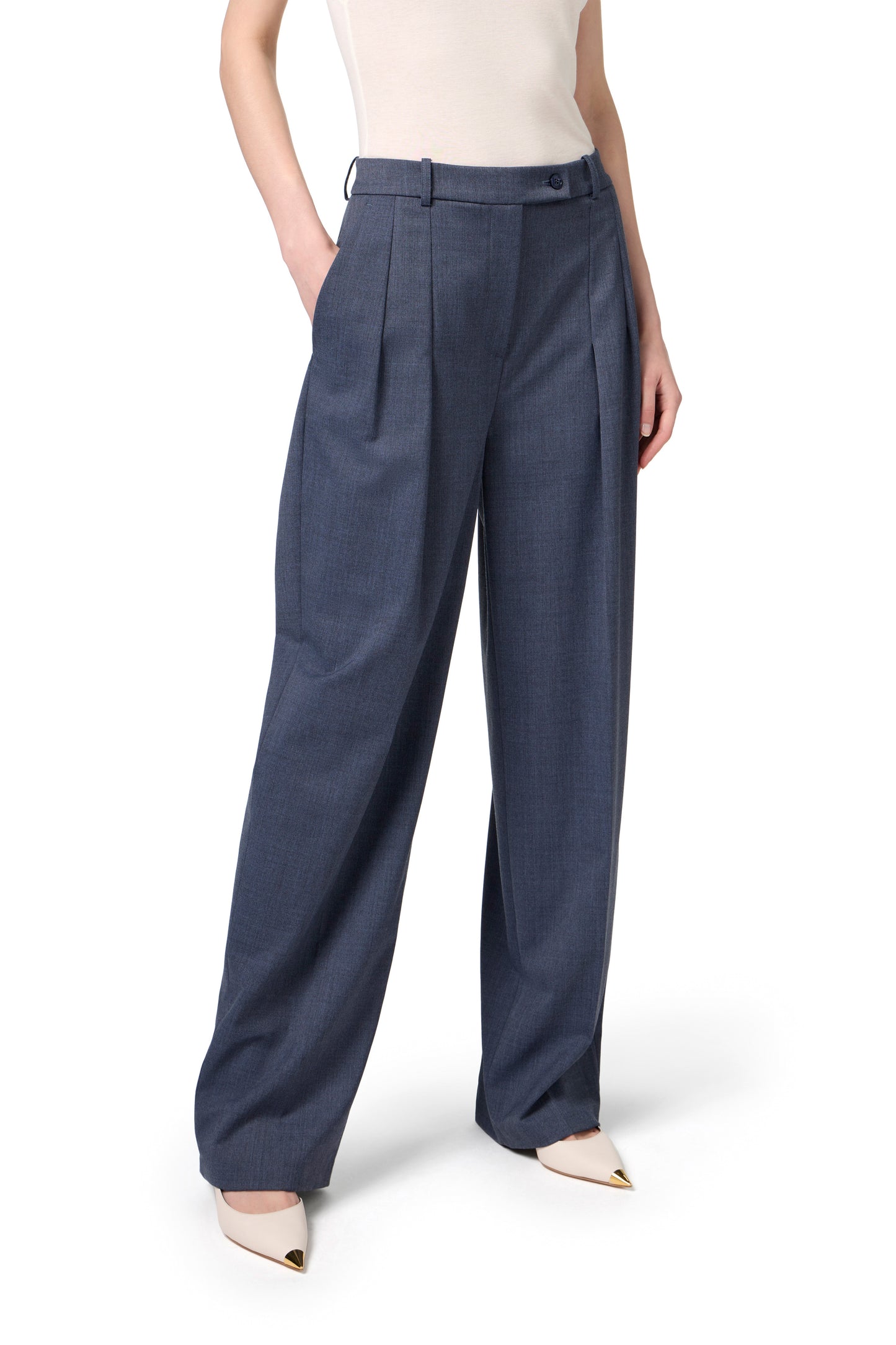 Straight trousers in melange cool wool fabric with double darts