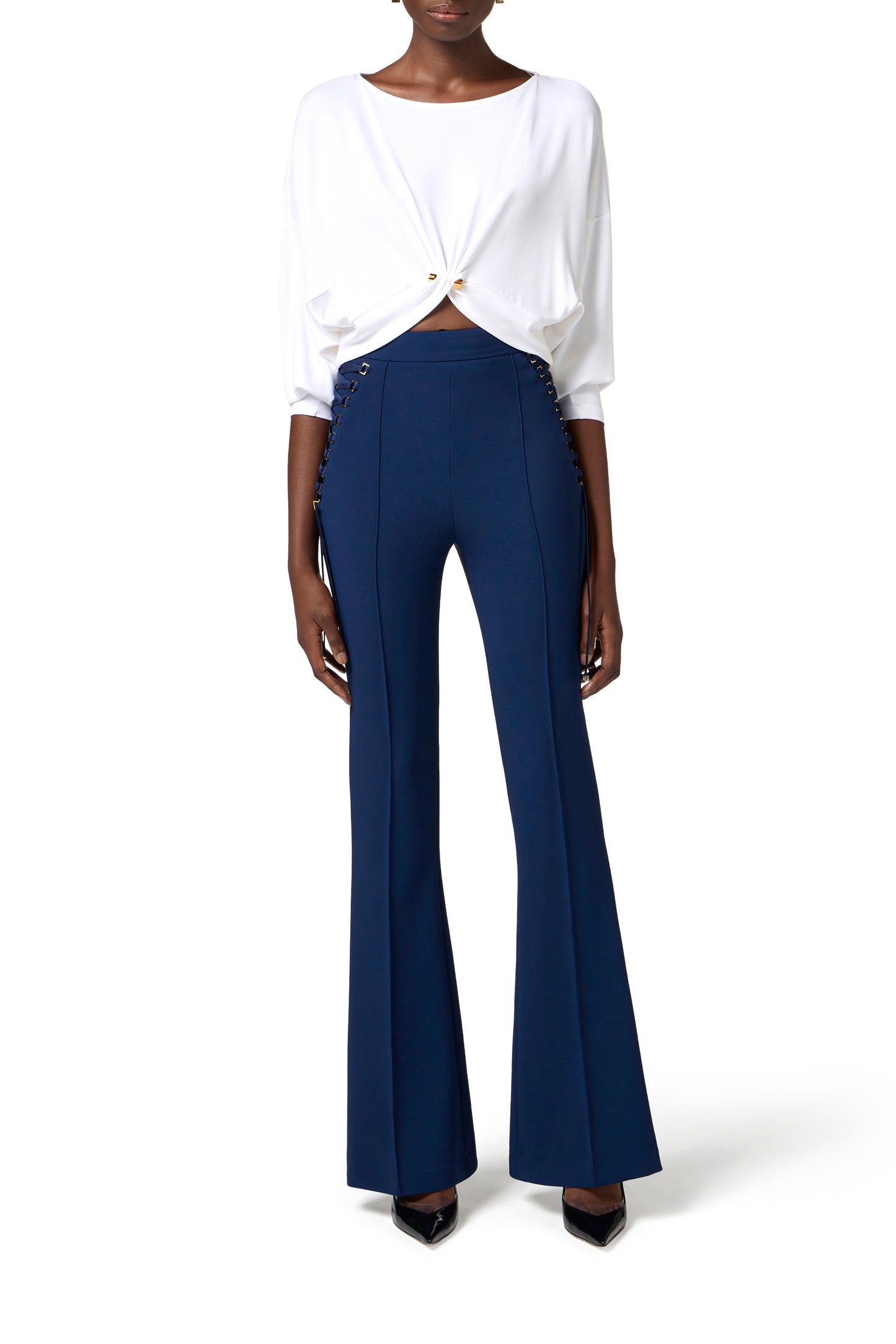 Crêpe bell-bottom trousers with criss-cross laces