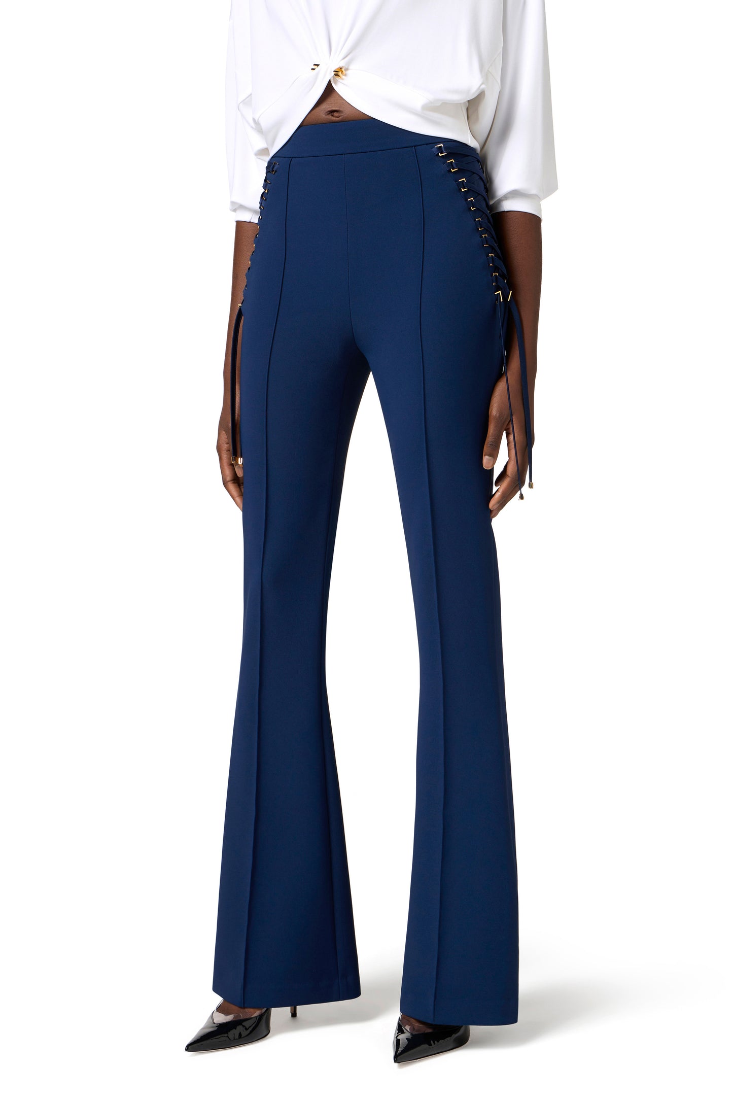 Crêpe bell-bottom trousers with criss-cross laces