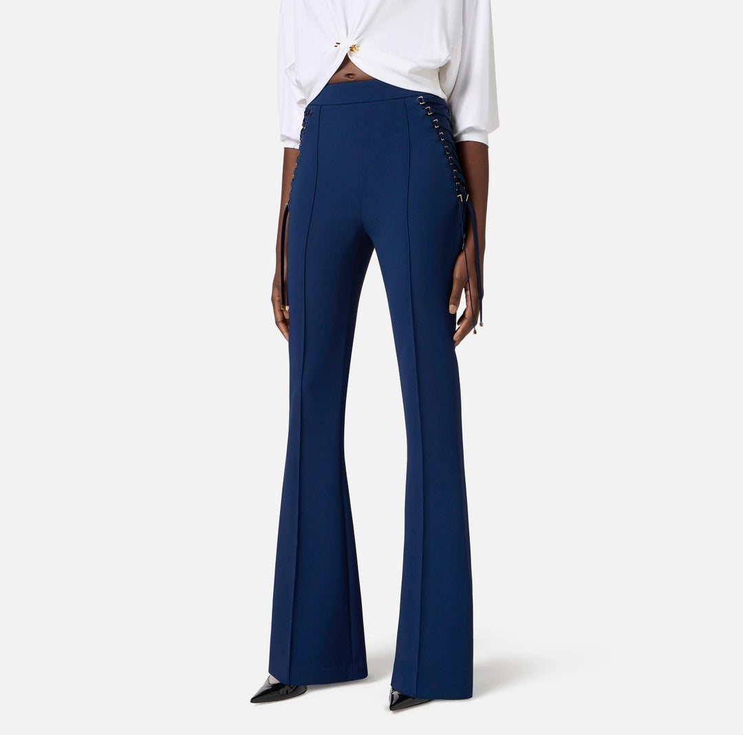 Crêpe bell-bottom trousers with criss-cross laces