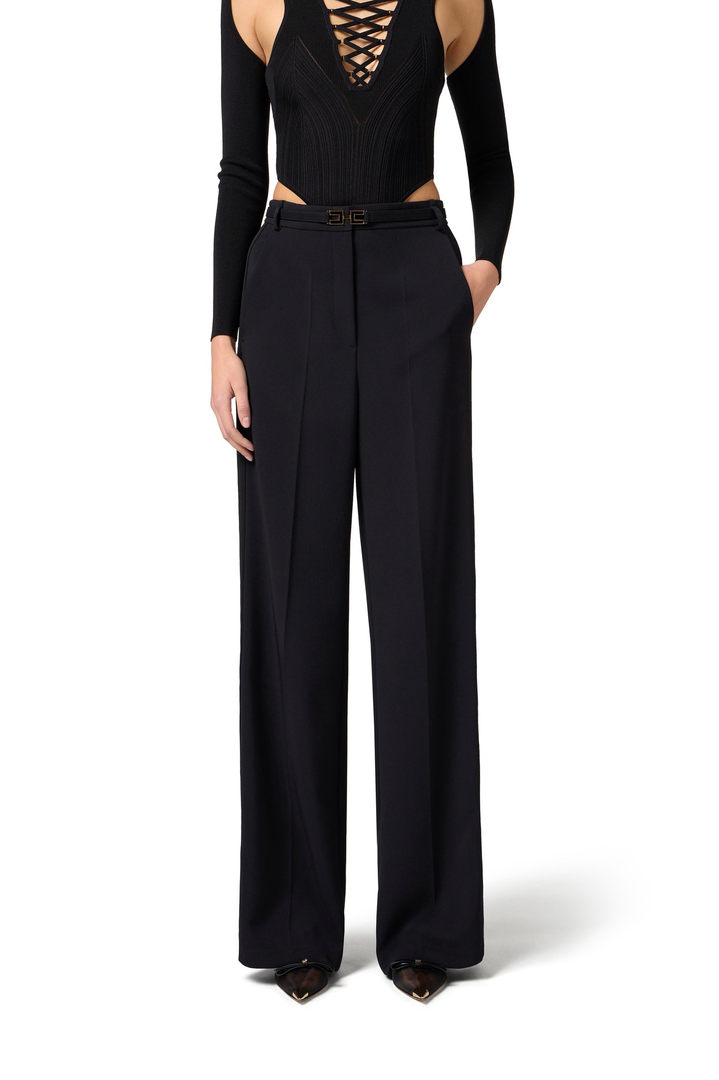 Crêpe trousers with satin bands