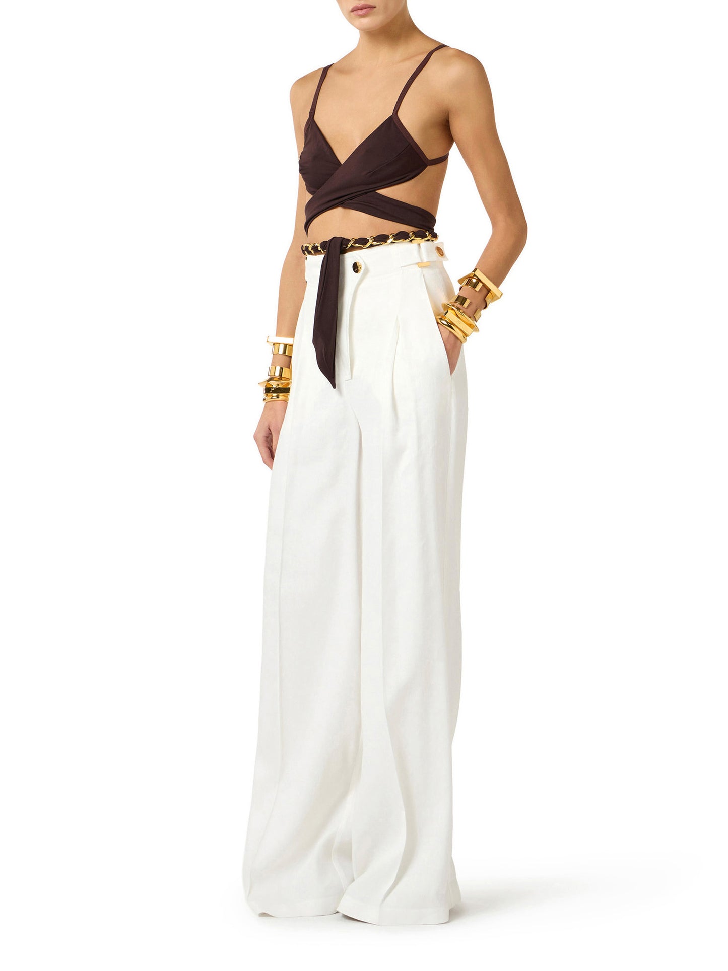 Linen-blend trousers with straps