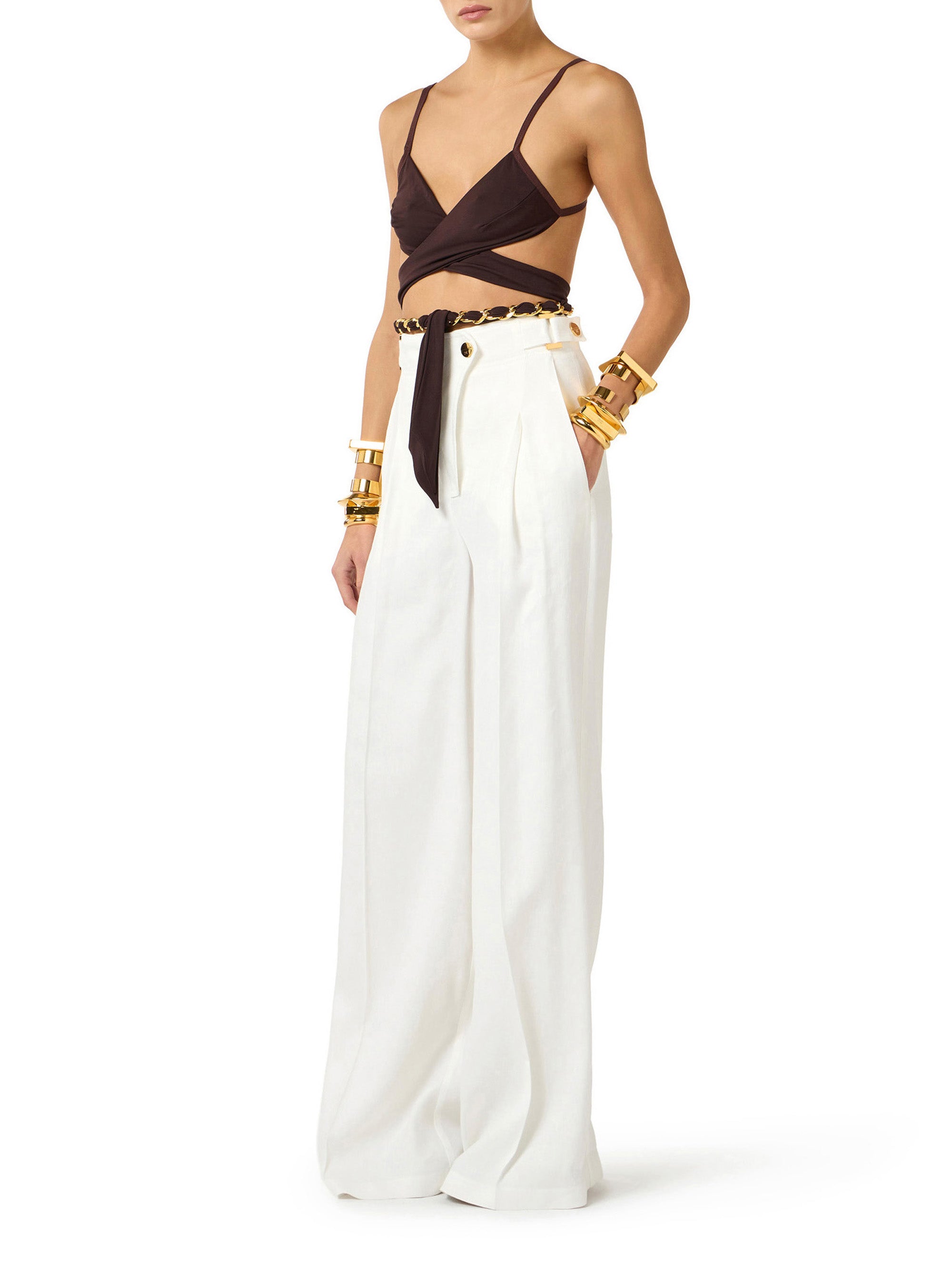 Linen-blend trousers with straps