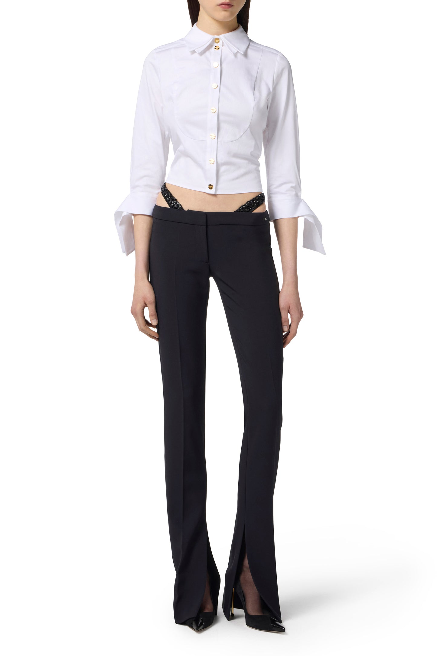 Trousers in lightweight crêpe fabric with crystals