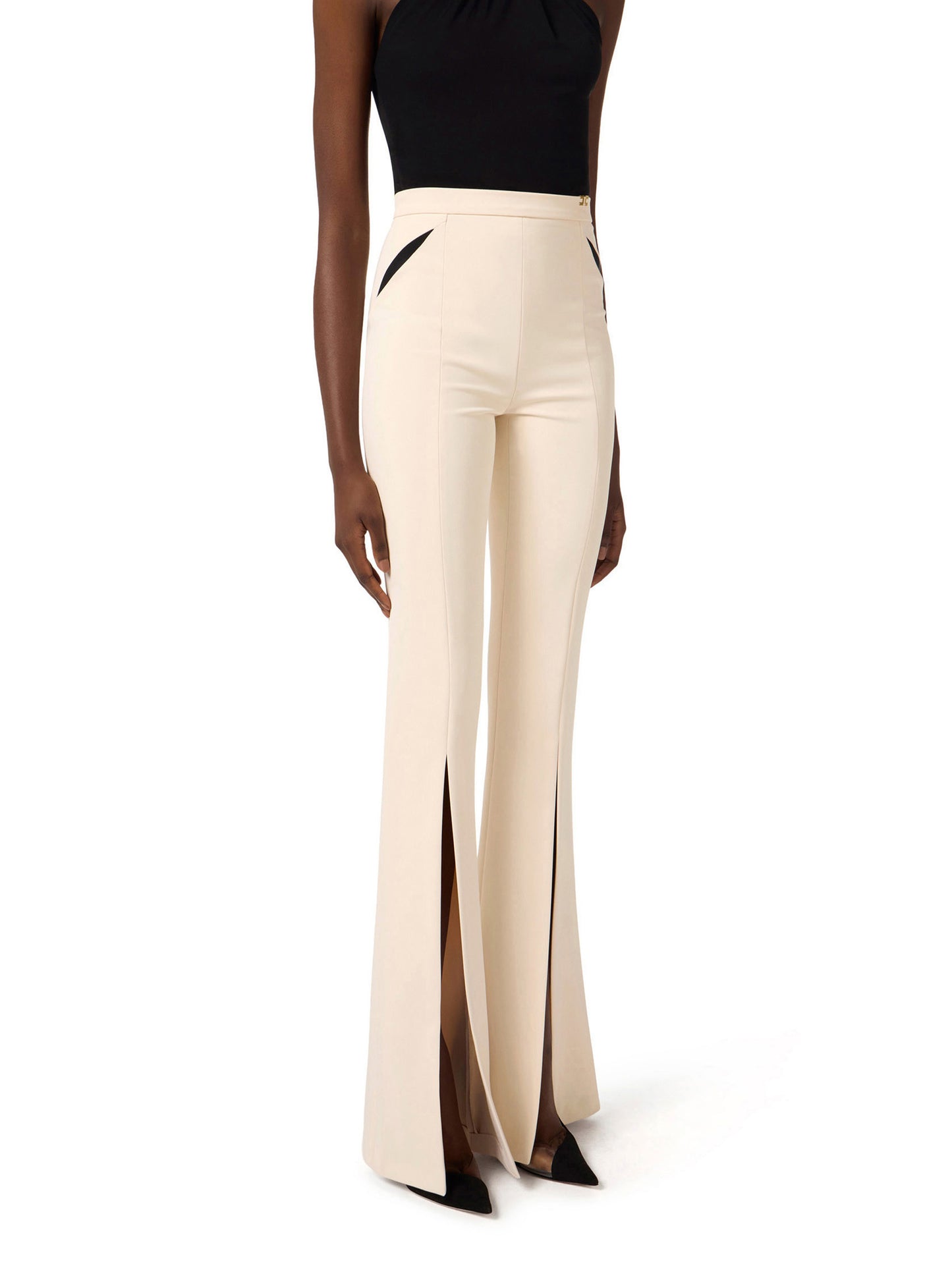 Trousers in lightweight crêpe fabric with cut-outs and slits