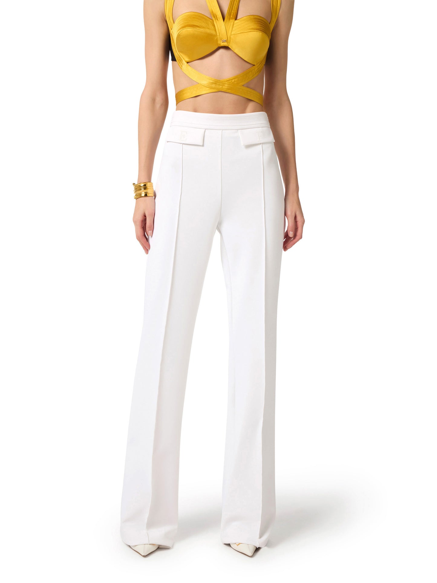 Trousers in double layer stretch crêpe fabric with embroidered logo