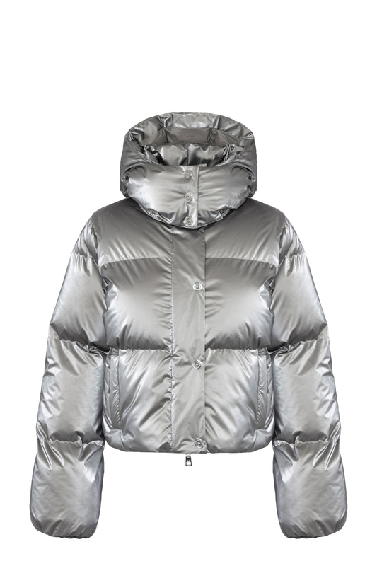 Cropped down jacket in metallic effect nylon