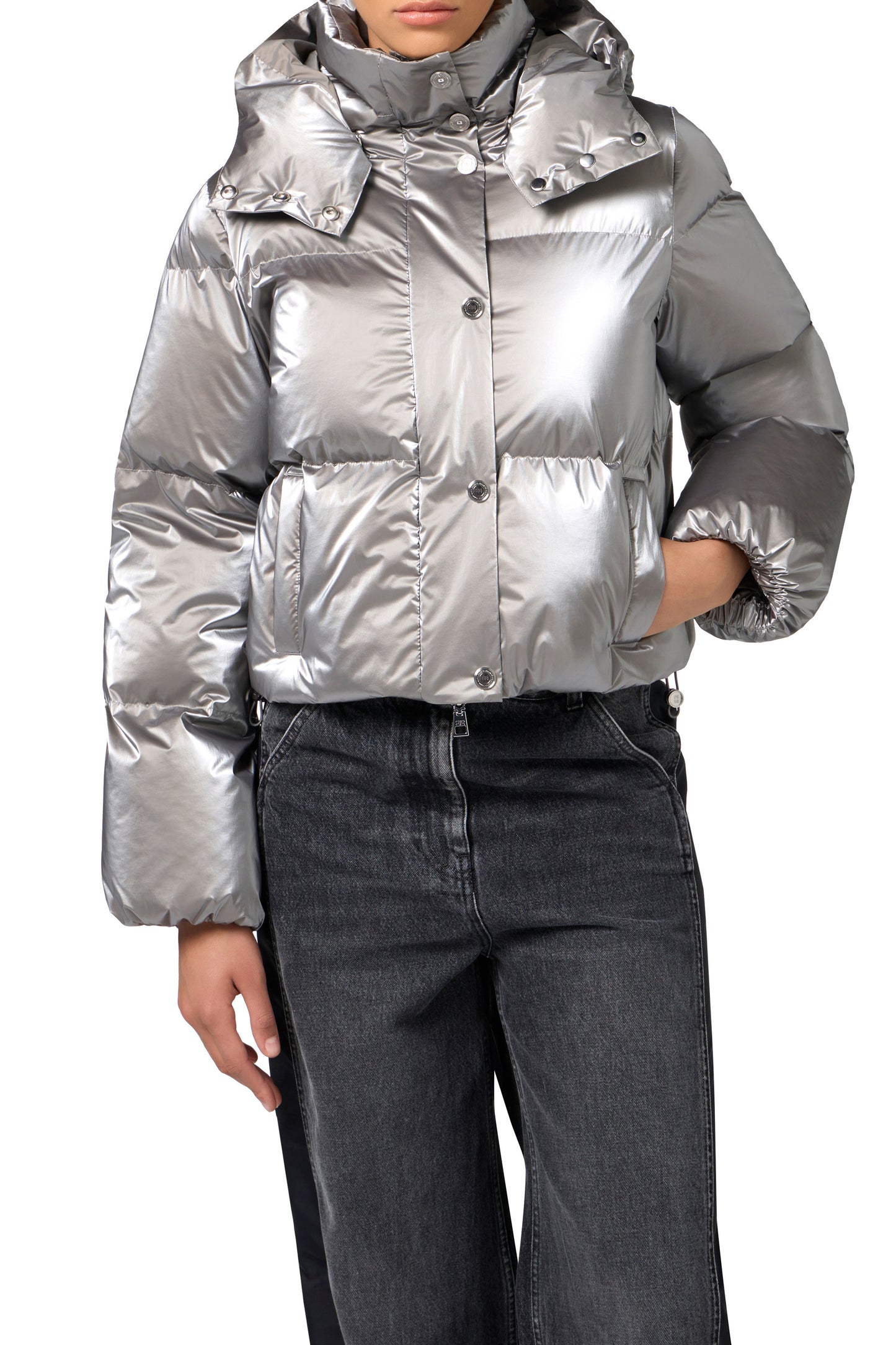 Cropped down jacket in metallic effect nylon