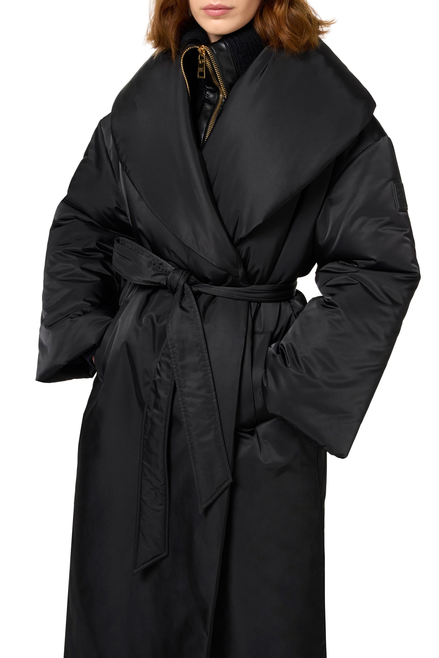 Long satin nylon down jacket with wide collar