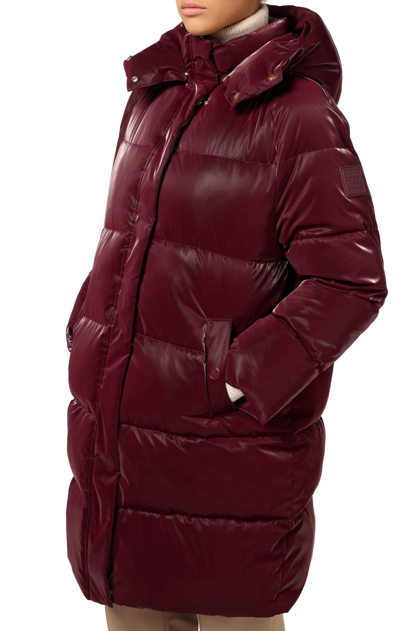 Long satin nylon down jacket with hood