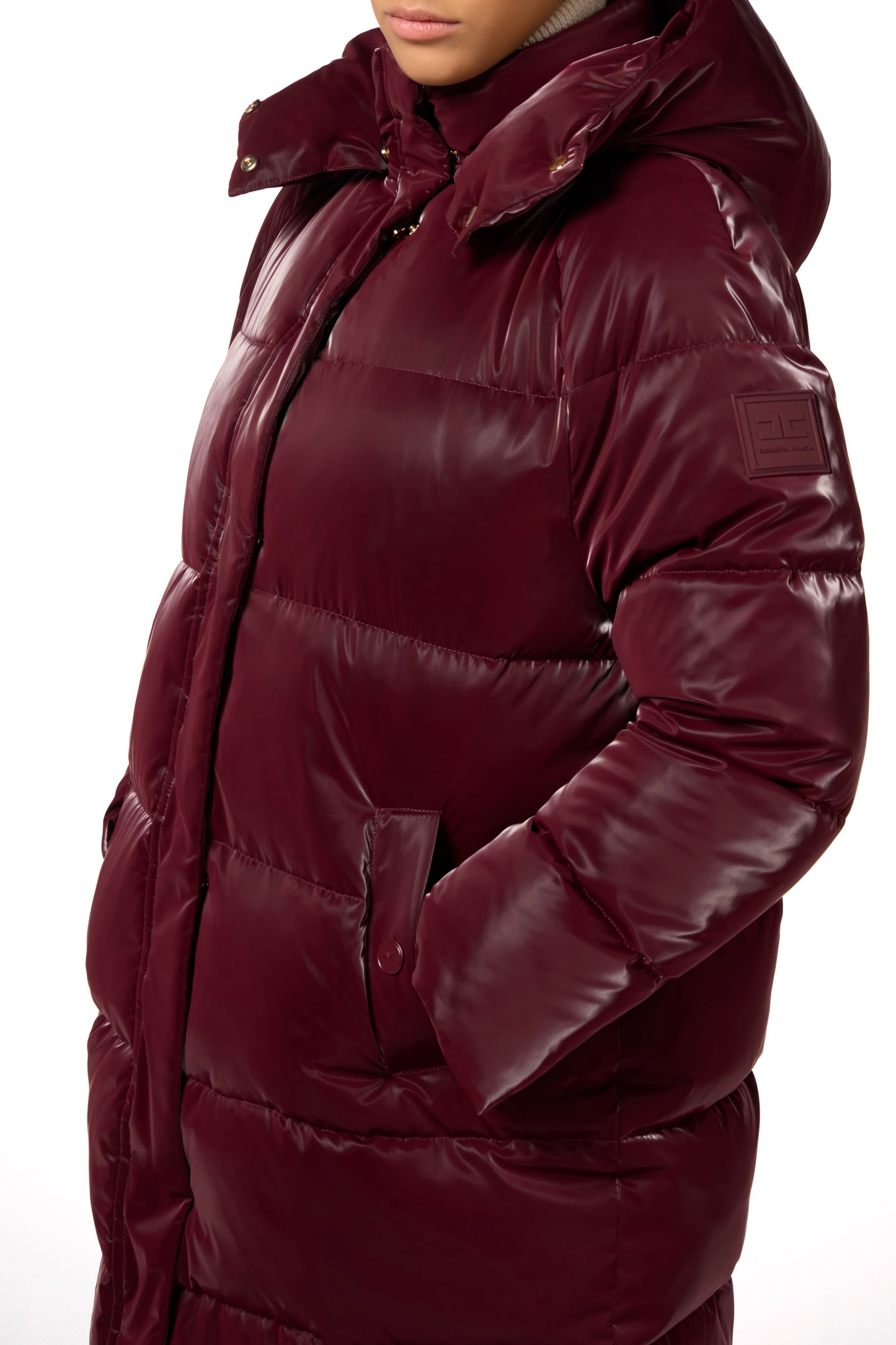 Long satin nylon down jacket with hood