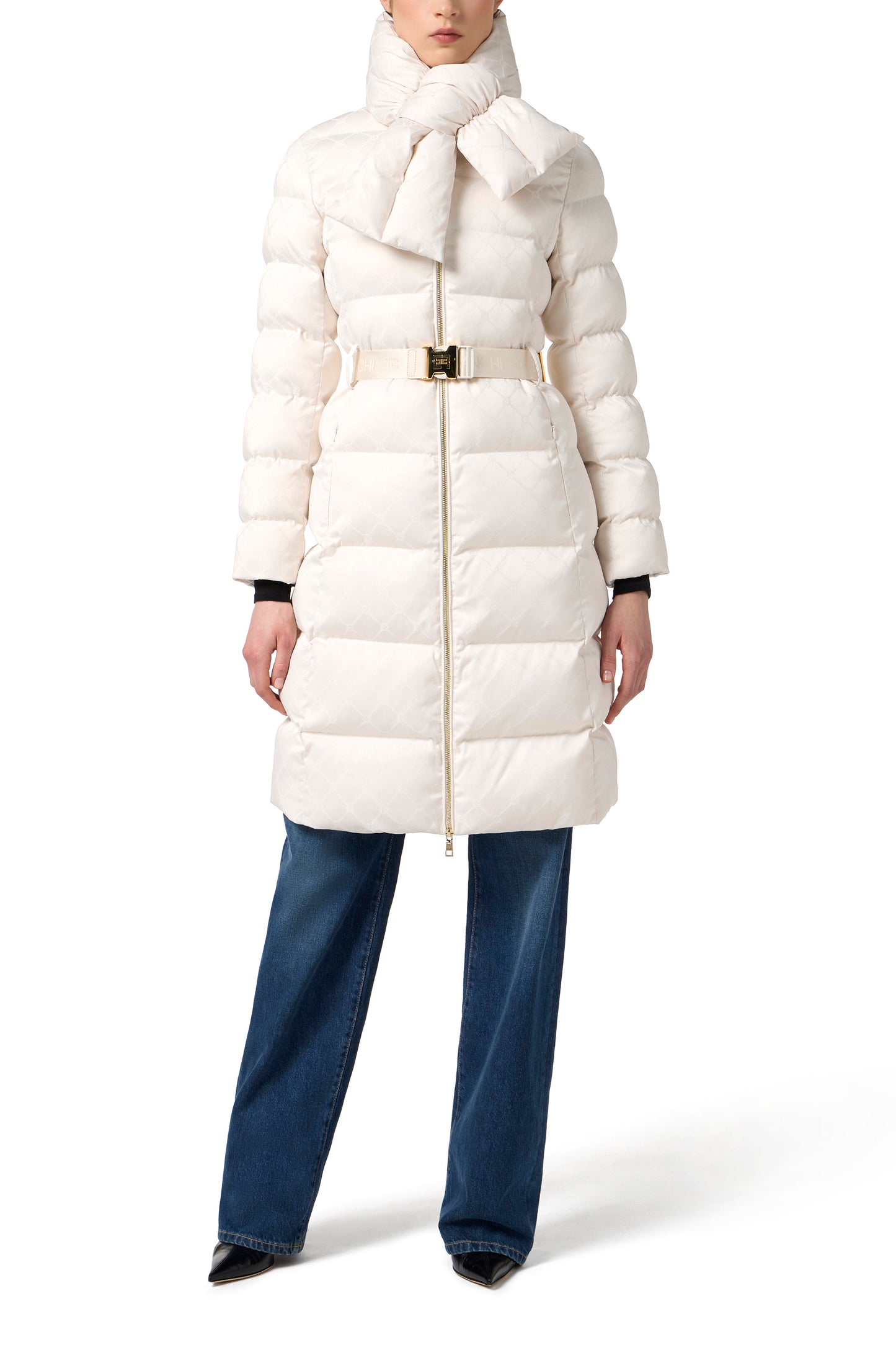 Down jacket in jacquard voile fabric