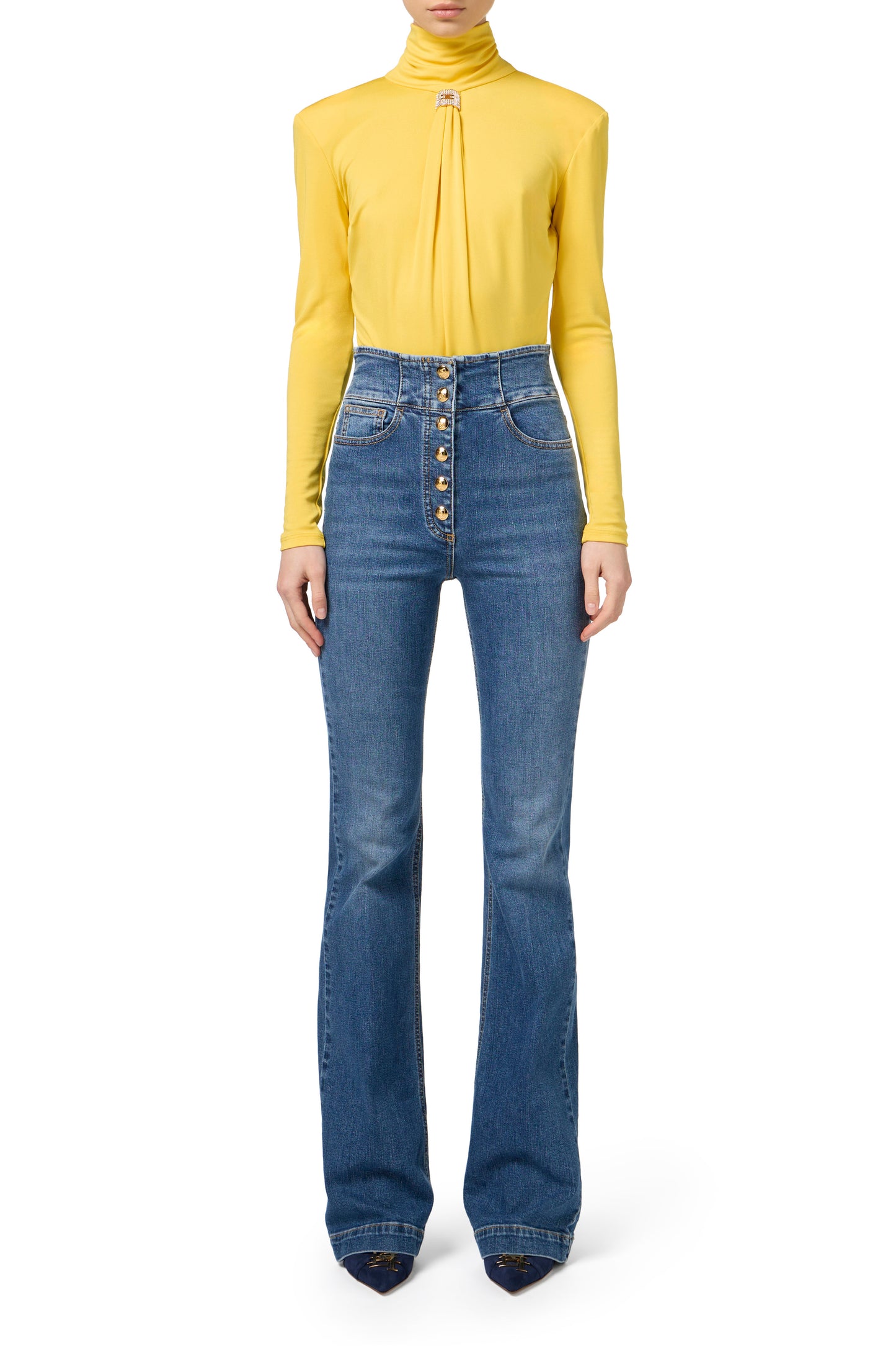 Bell-bottom stretch cotton jeans with central button placket