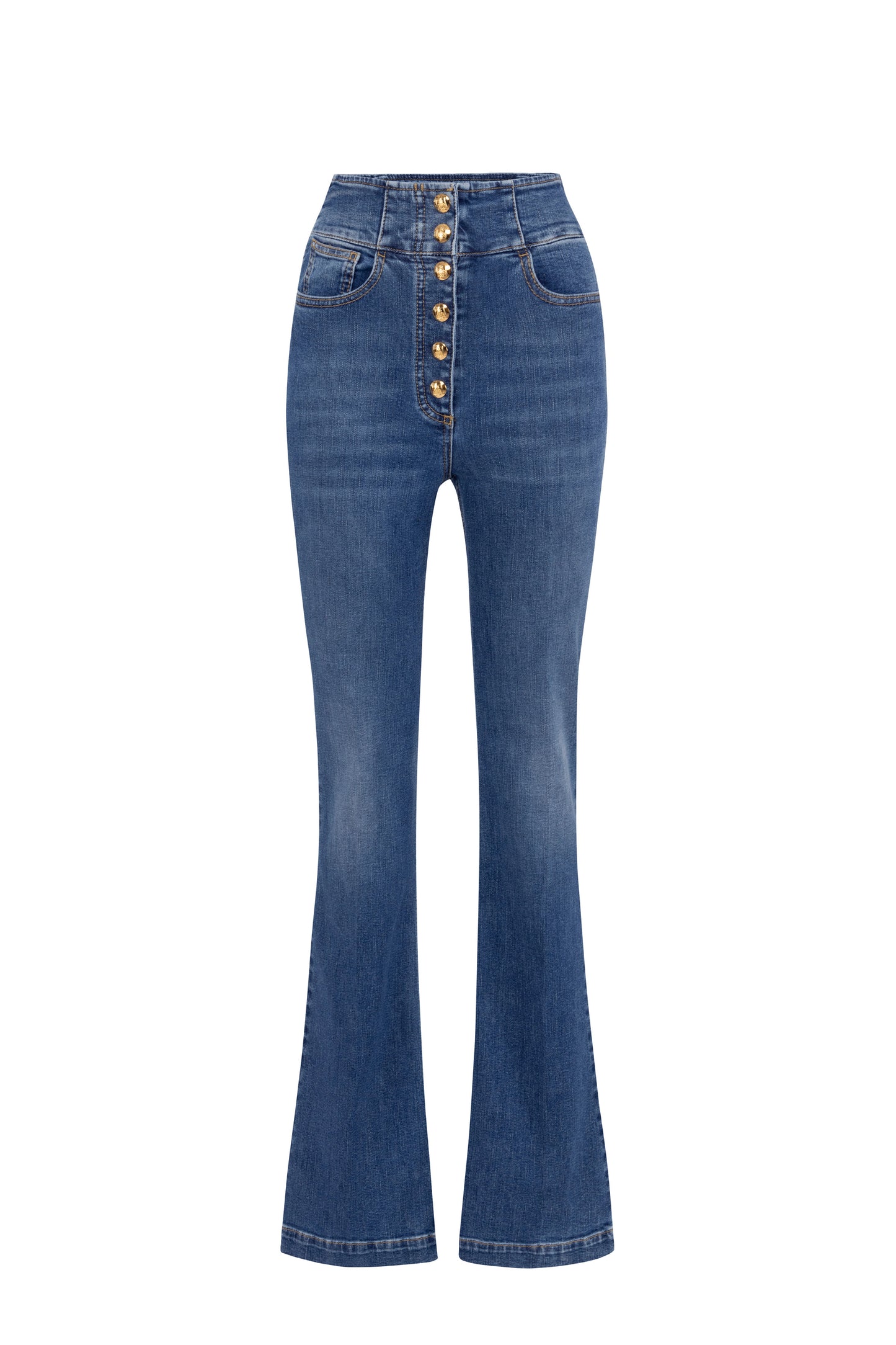 Bell-bottom stretch cotton jeans with central button placket