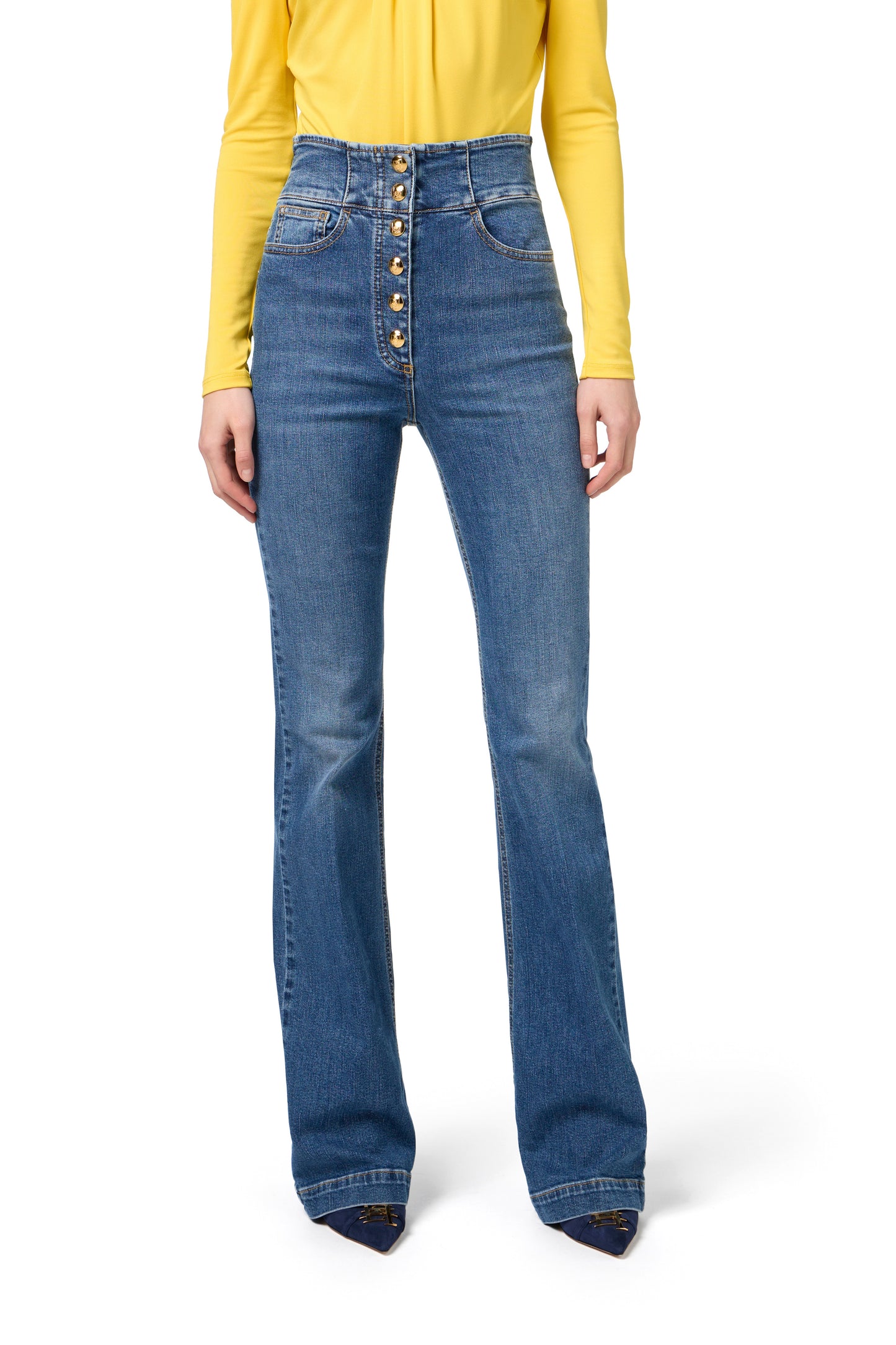 Bell-bottom stretch cotton jeans with central button placket