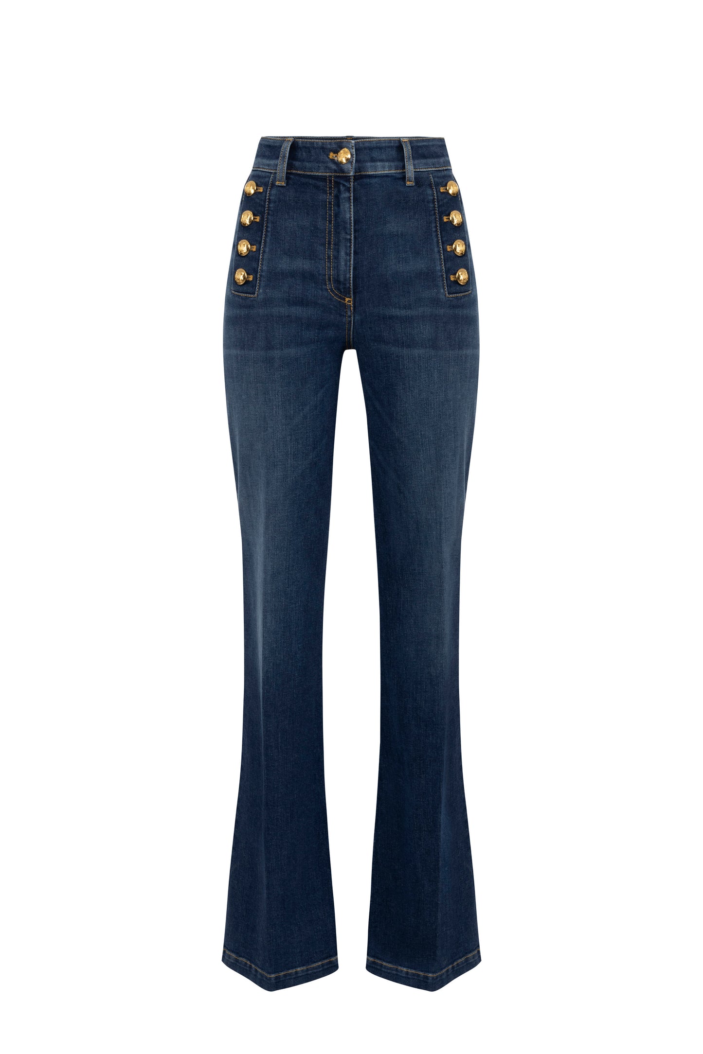 Bell-bottom stretch cotton jeans with side button placket