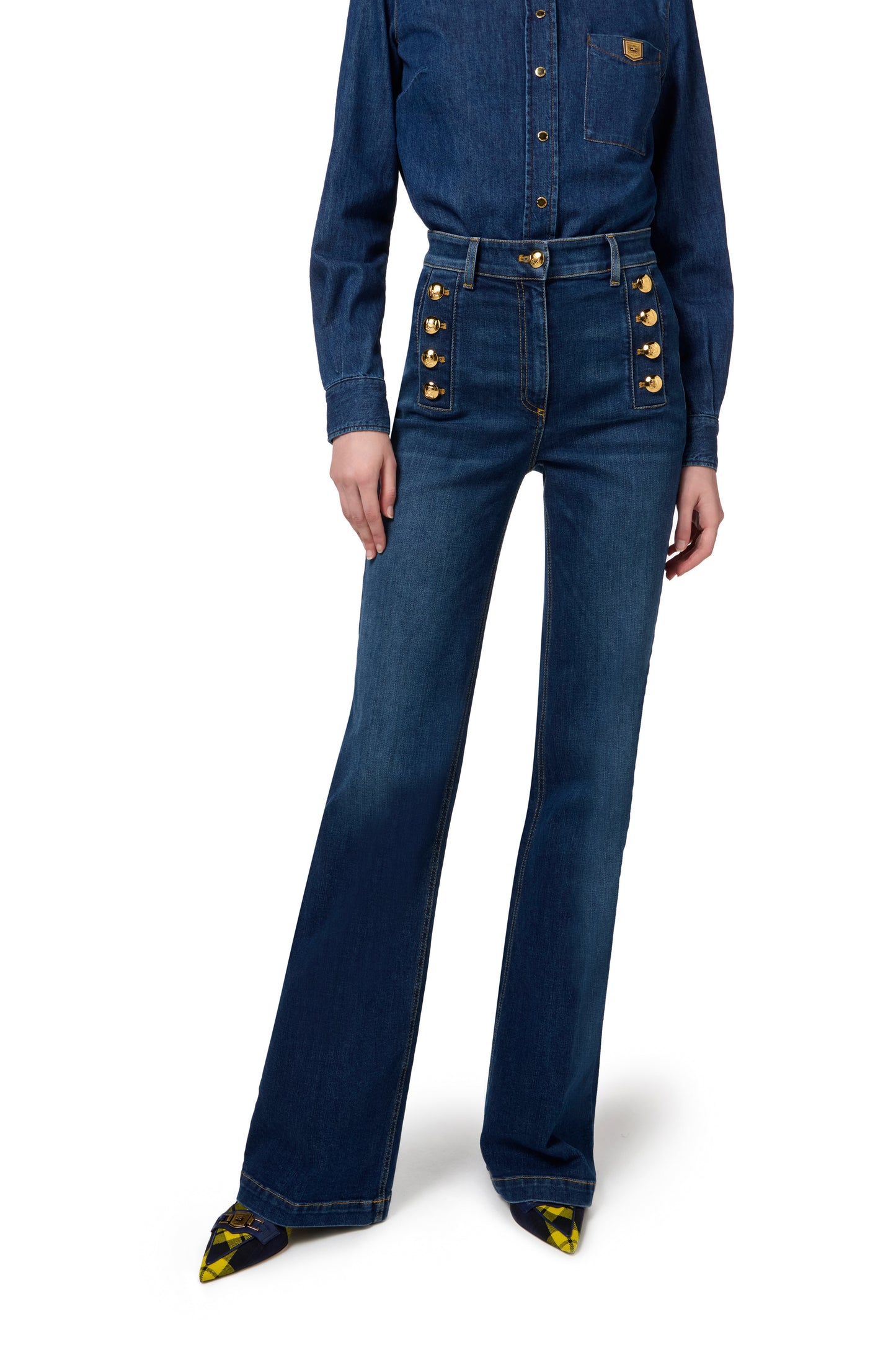 Bell-bottom stretch cotton jeans with side button placket